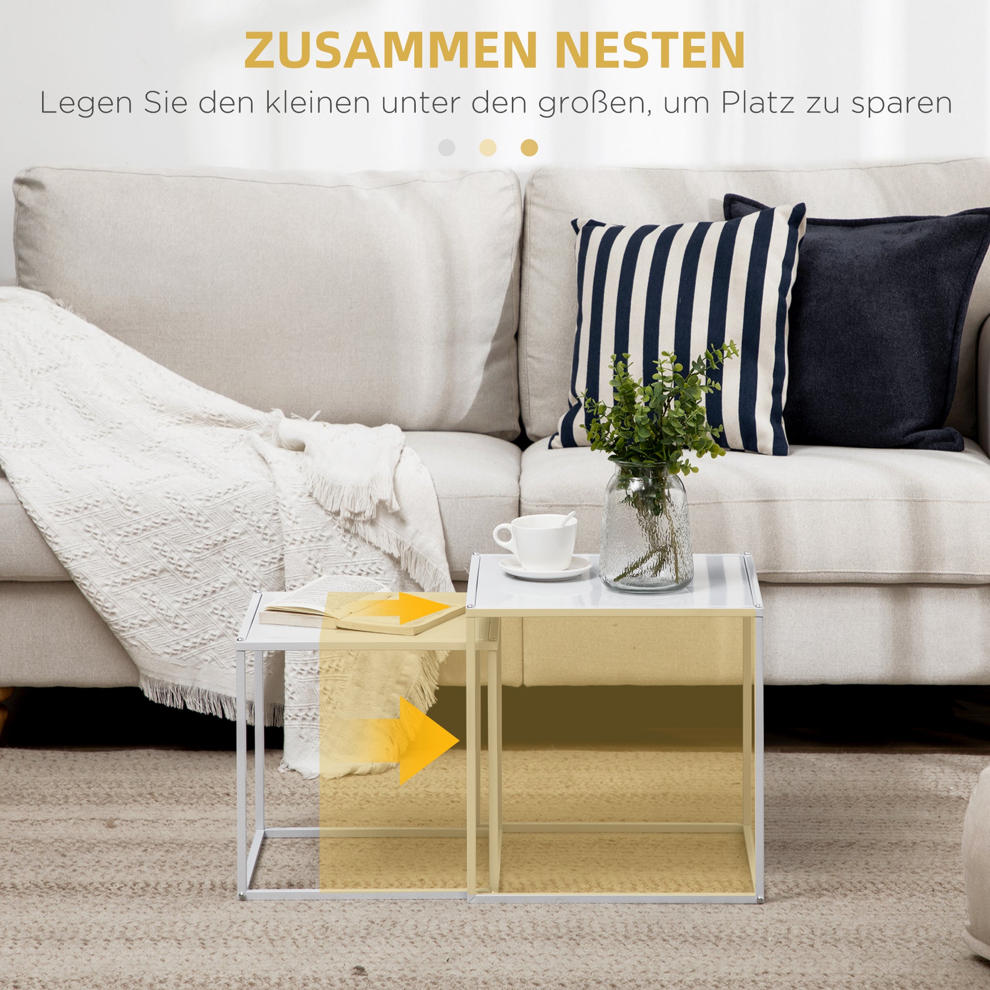 Square Coffee Table 2-Piece Set, Side Table in Modern Design, Steel Frame, Stackable, Coffee Table End Table for Living Room Bedroom, White