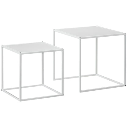Square Coffee Table 2-Piece Set, Side Table in Modern Design, Steel Frame, Stackable, Coffee Table End Table for Living Room Bedroom, White