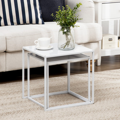 Square Coffee Table 2-Piece Set, Side Table in Modern Design, Steel Frame, Stackable, Coffee Table End Table for Living Room Bedroom, White