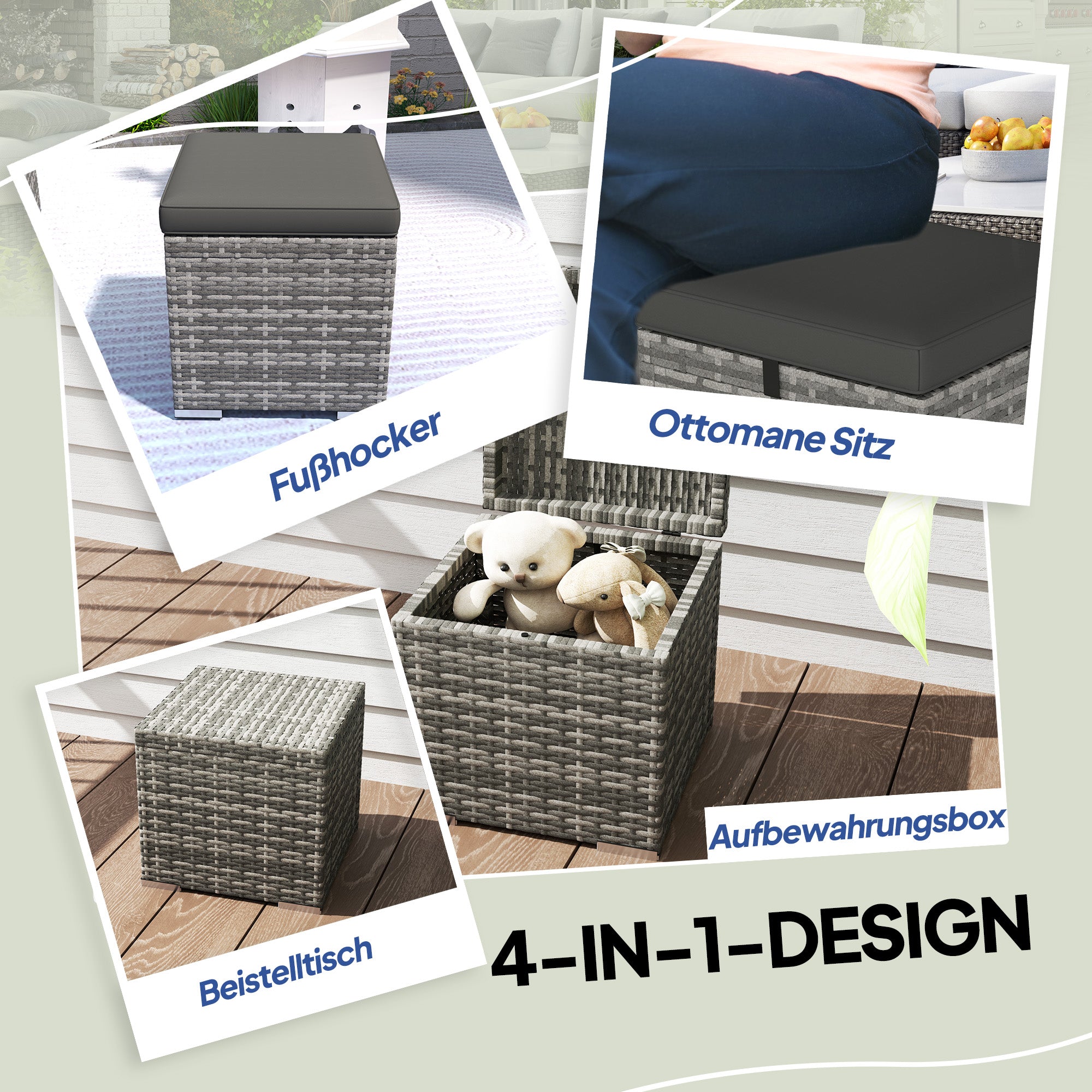 Set of 2 Rattan Ottomans with Rattan-Style Storage Ottoman Cushion Lid 120 kg Load Capacity Weatherproof Outdoor Garden Ottoman Footstool Garden Furniture for Outdoor Garden Terrace 40x40x41cm Dark Gray
