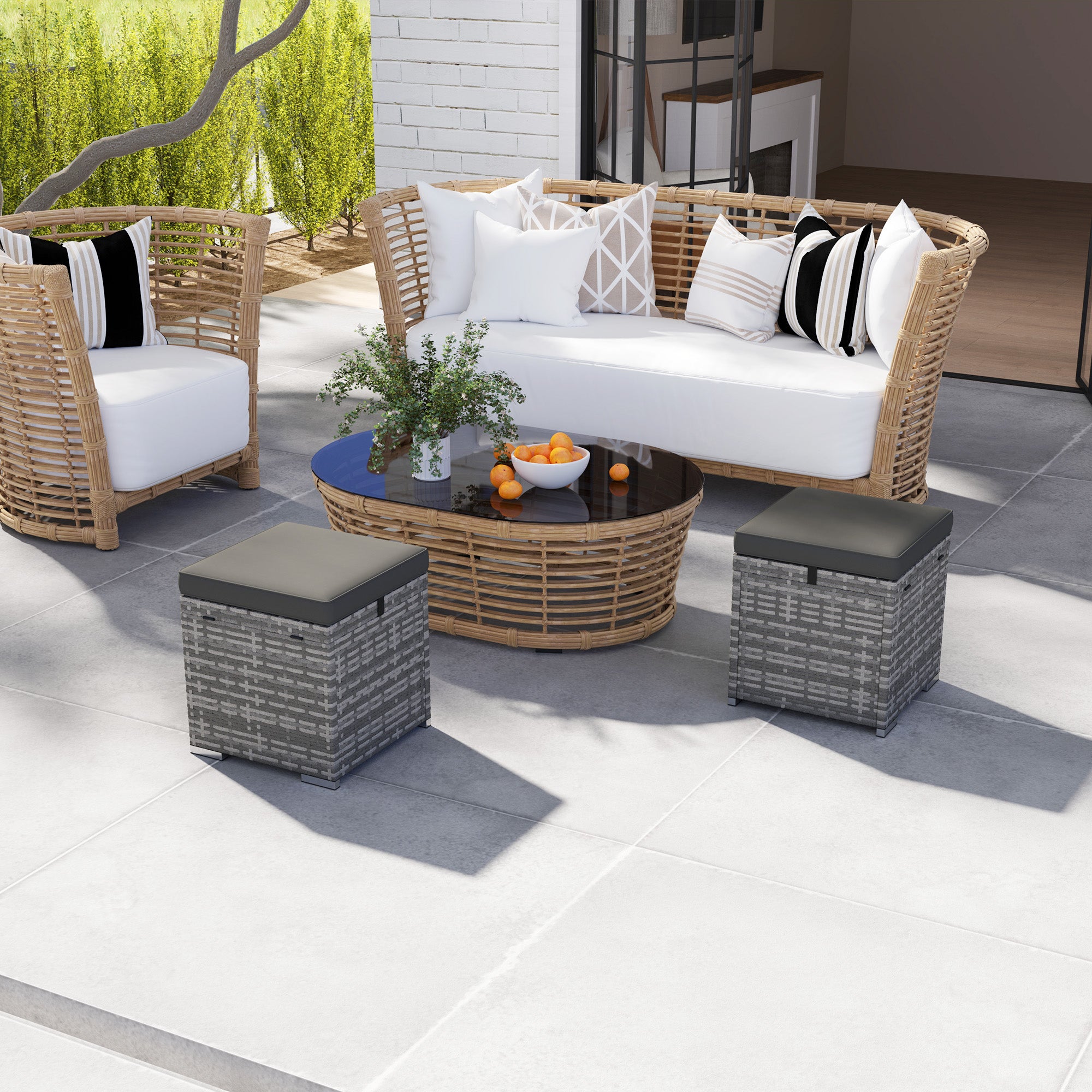 Set of 2 Rattan Ottomans with Rattan-Style Storage Ottoman Cushion Lid 120 kg Load Capacity Weatherproof Outdoor Garden Ottoman Footstool Garden Furniture for Outdoor Garden Terrace 40x40x41cm Dark Gray
