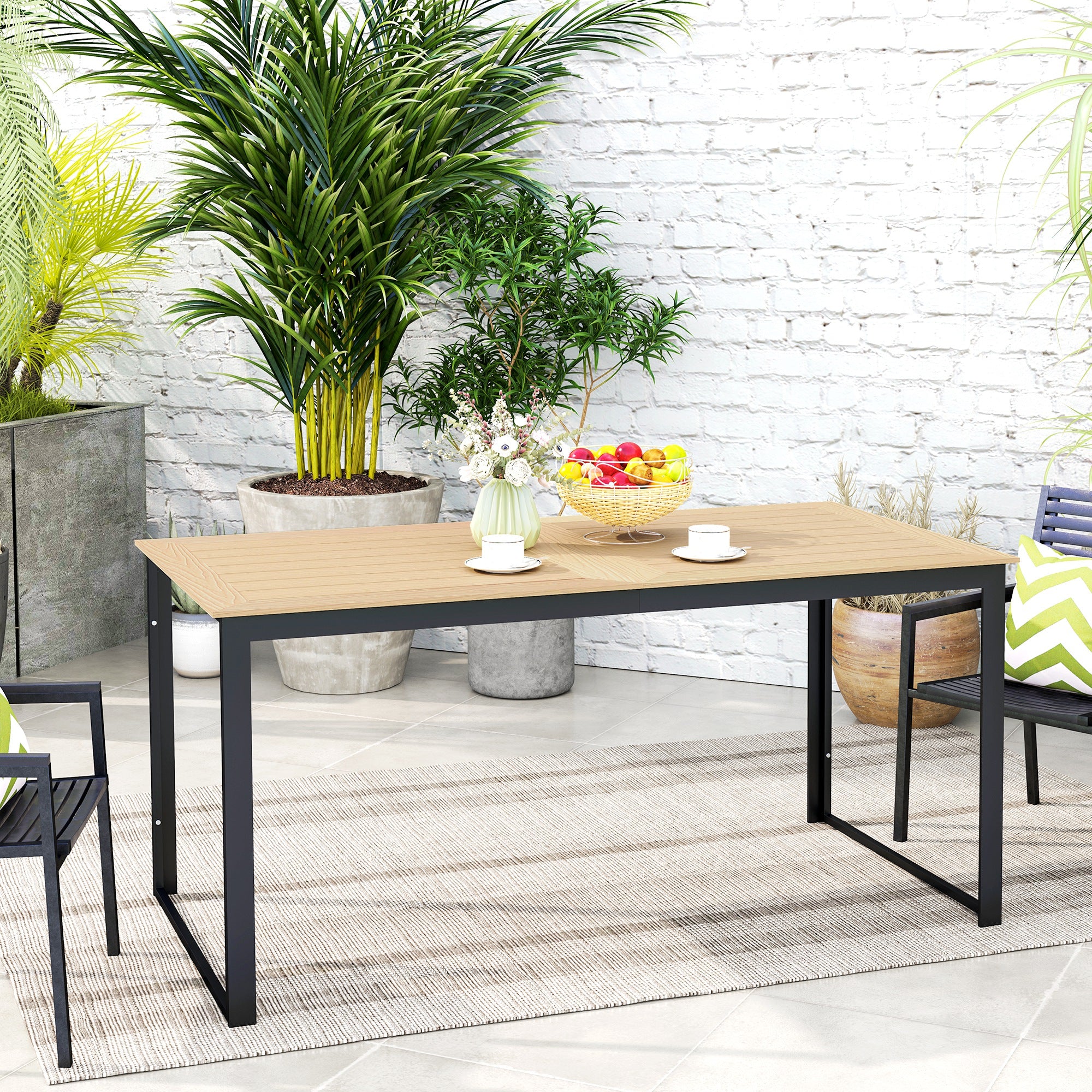 Garden Table for 6 People 160 x 80 cm Weatherproof Patio Table with Wood Look Slatted Design, Buffet Table Metal Camping Table Patio Table Outdoor Dining Table for Garden, Terrace Balcony Teak