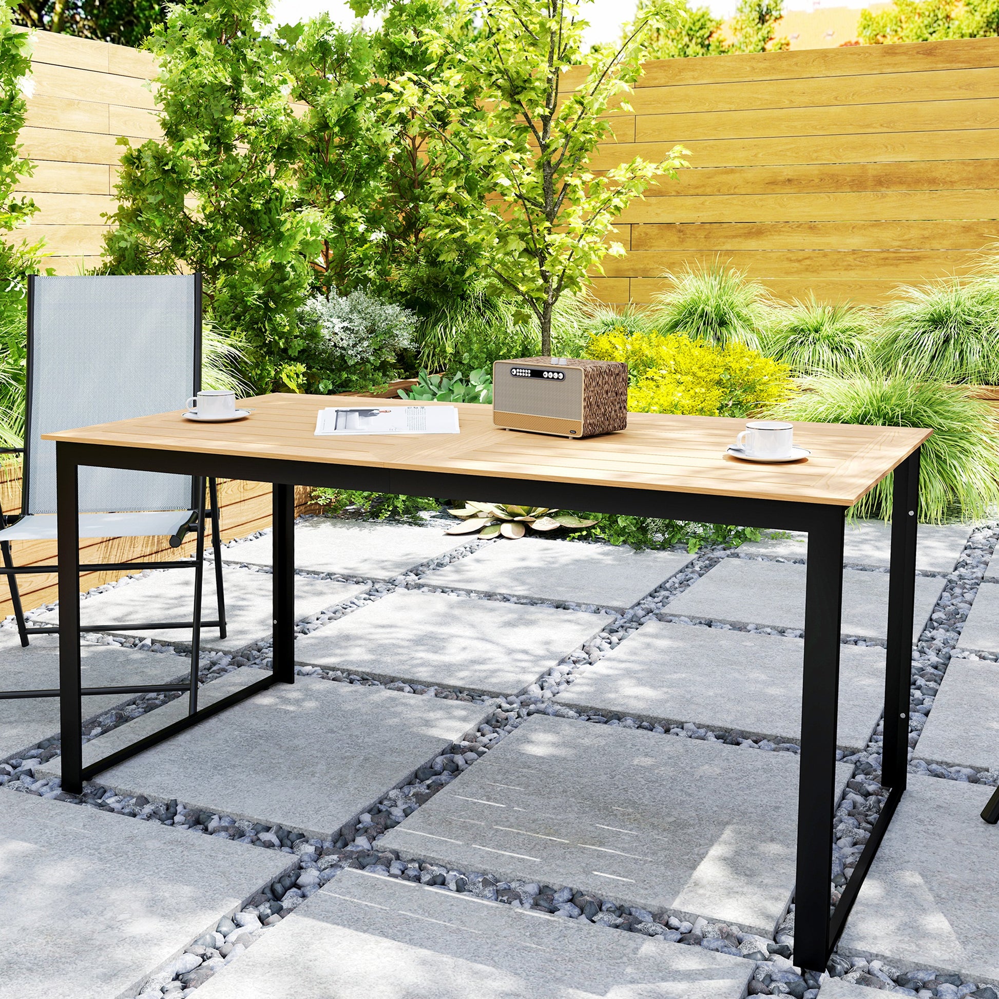Garden Table for 6 People 160 x 80 cm Weatherproof Patio Table with Wood Look Slatted Design, Buffet Table Metal Camping Table Patio Table Outdoor Dining Table for Garden, Terrace Balcony Teak