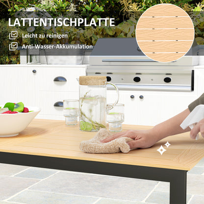 Garden Table for 6 People 160 x 80 cm Weatherproof Patio Table with Wood Look Slatted Design, Buffet Table Metal Camping Table Patio Table Outdoor Dining Table for Garden, Terrace Balcony Teak