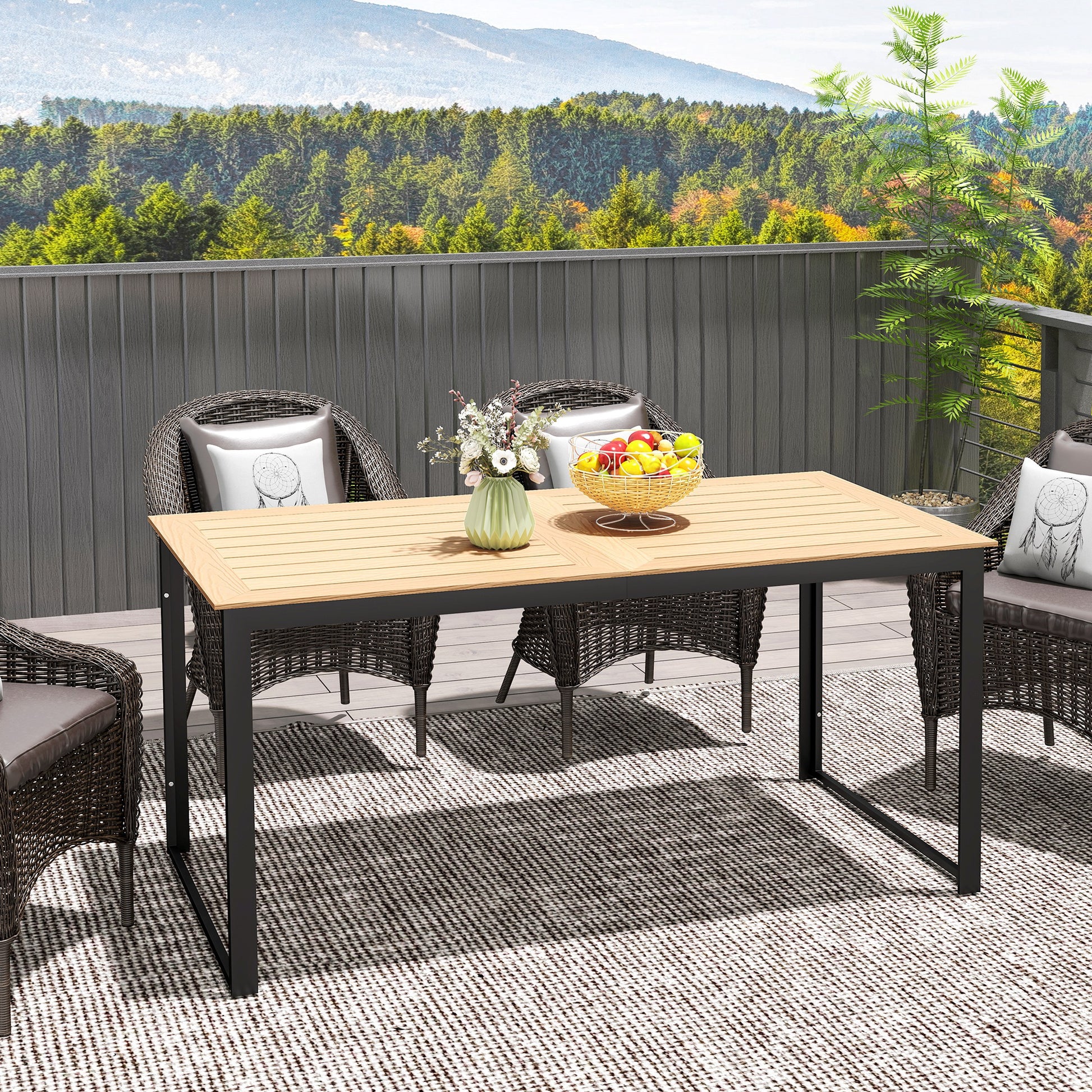 Garden Table for 6 People 160 x 80 cm Weatherproof Patio Table with Wood Look Slatted Design, Buffet Table Metal Camping Table Patio Table Outdoor Dining Table for Garden, Terrace Balcony Teak