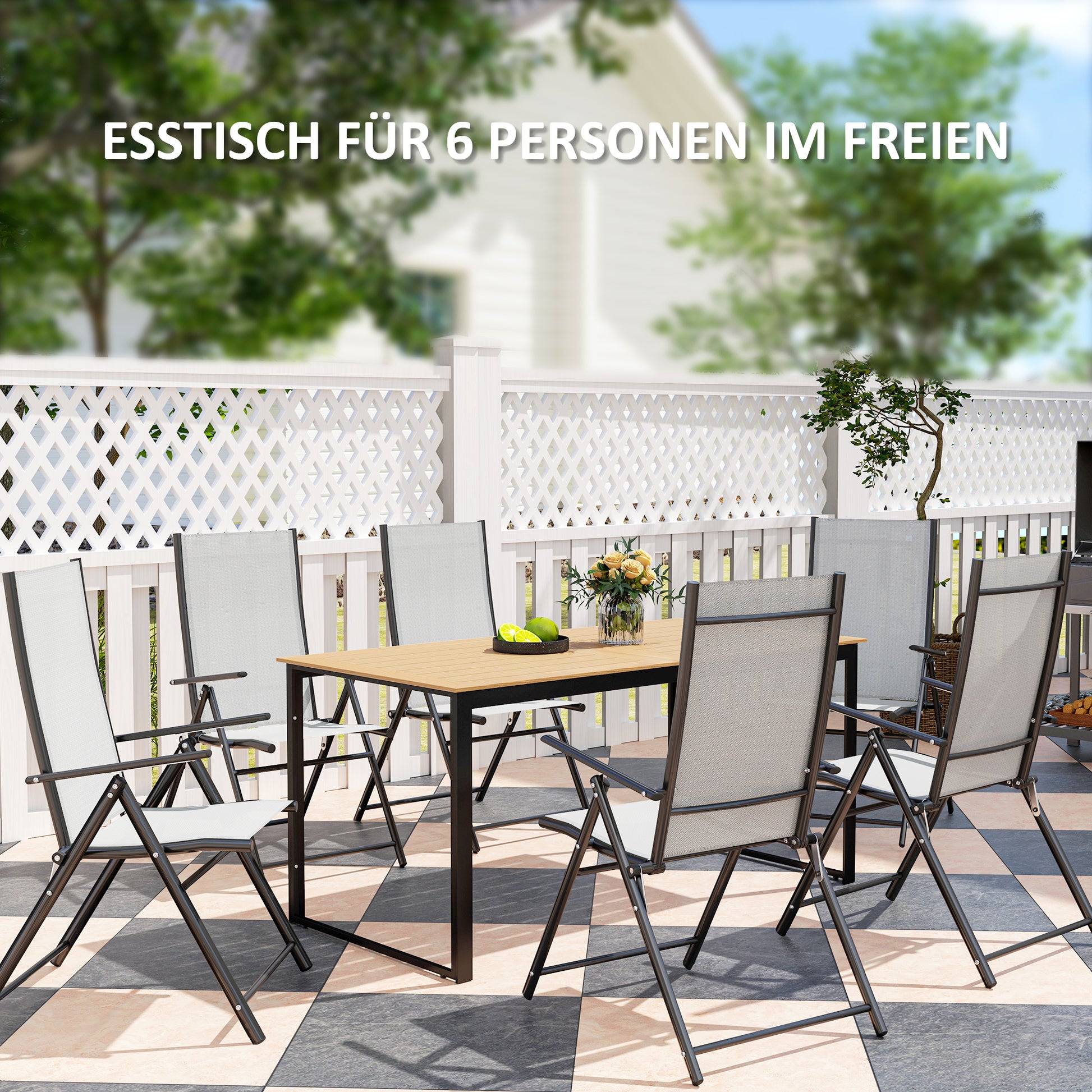 Garden Table for 6 People 160 x 80 cm Weatherproof Patio Table with Wood Look Slatted Design, Buffet Table Metal Camping Table Patio Table Outdoor Dining Table for Garden, Terrace Balcony Teak