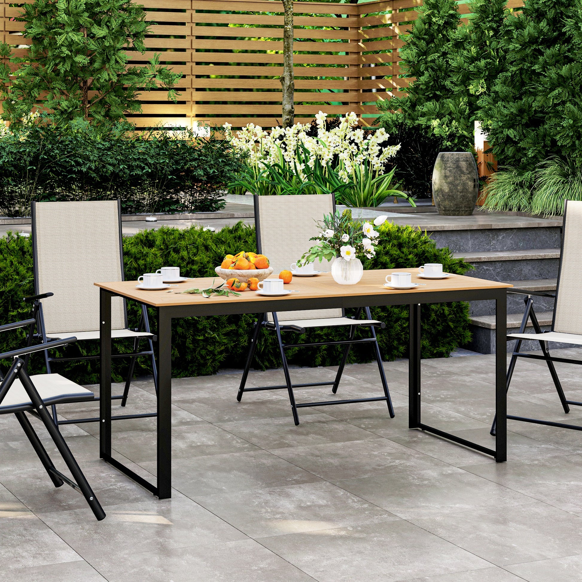 Garden Table for 6 People 160 x 80 cm Weatherproof Patio Table with Wood Look Slatted Design, Buffet Table Metal Camping Table Patio Table Outdoor Dining Table for Garden, Terrace Balcony Teak