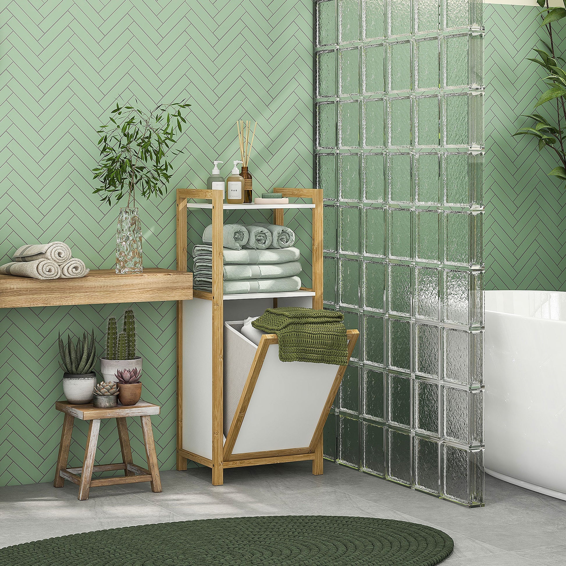 Bamboo Freestanding Laundry Hamper Cabinet Bathroom Storage Unit - 2 Shelves - 40L x 30W x 86.5H cm