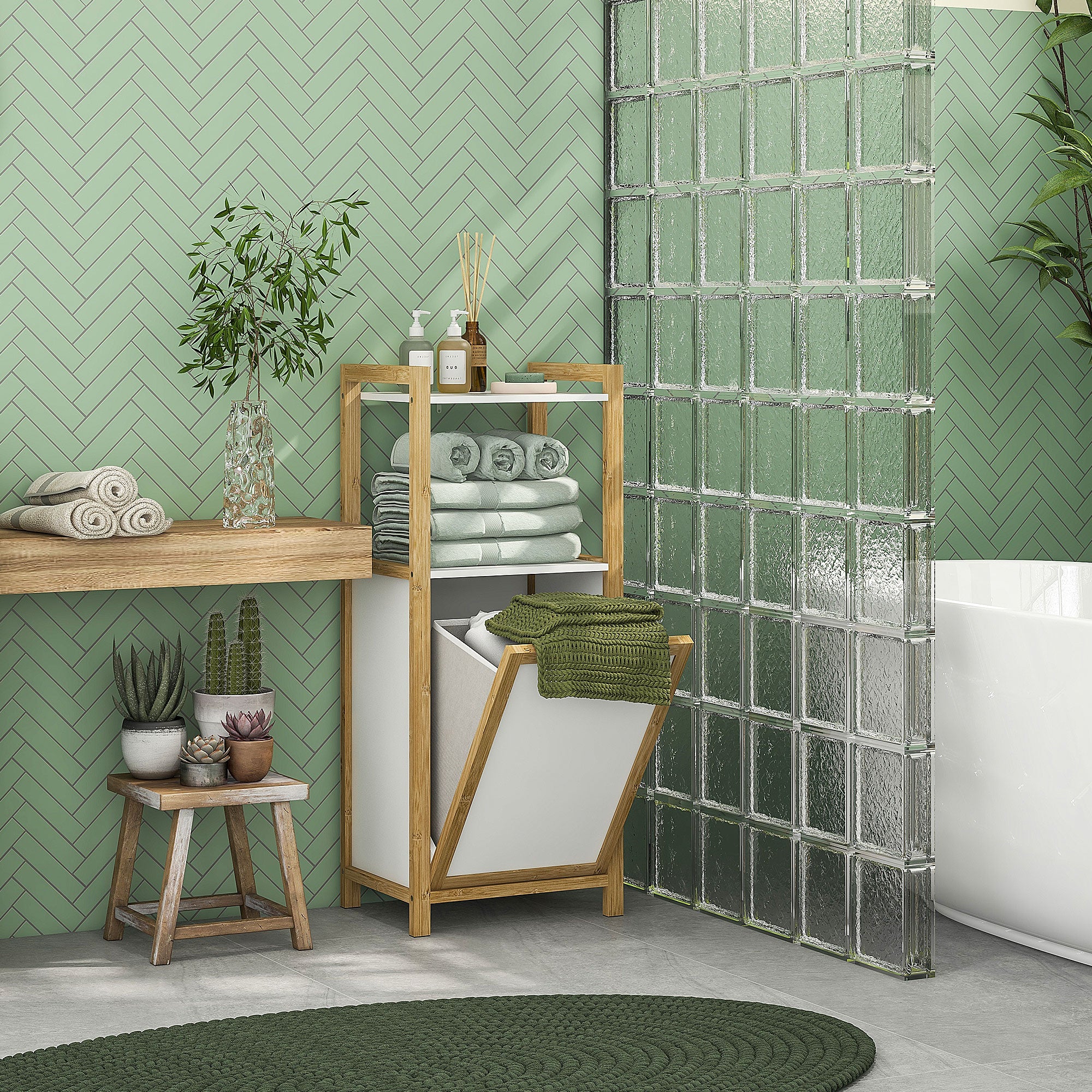 Bamboo Freestanding Laundry Hamper Cabinet Bathroom Storage Unit - 2 Shelves - 40L x 30W x 86.5H cm