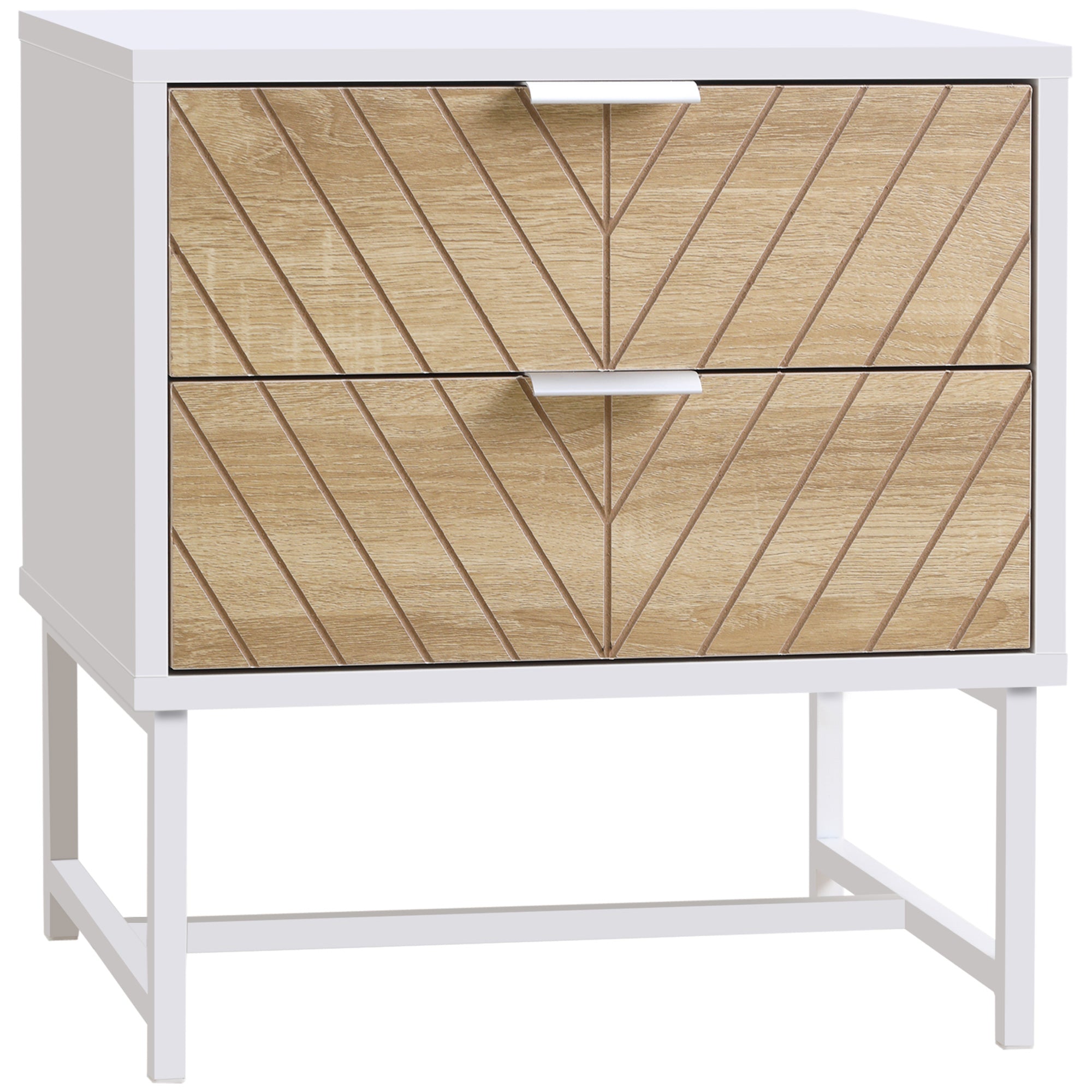 Nightstand Bedside Table with 2 Drawers and Steel Legs Modern Style Side Table for Living Room Bedroom 45x39x48 cm White and Oak
