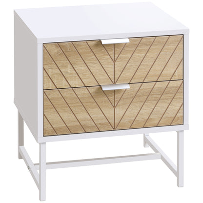 Nightstand Bedside Table with 2 Drawers and Steel Legs Modern Style Side Table for Living Room Bedroom 45x39x48 cm White and Oak