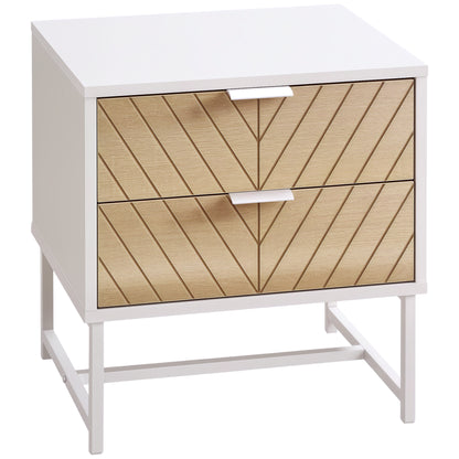 Nightstand Bedside Table with 2 Drawers and Steel Legs Modern Style Side Table for Living Room Bedroom 45x39x48 cm White and Oak