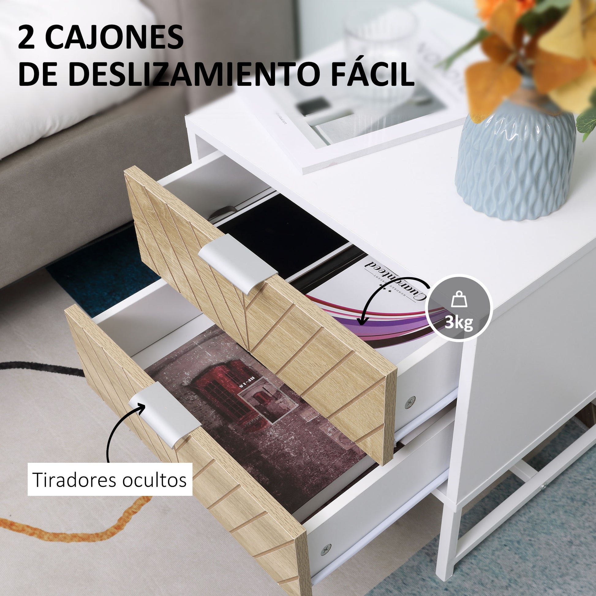 Nightstand Bedside Table with 2 Drawers and Steel Legs Modern Style Side Table for Living Room Bedroom 45x39x48 cm White and Oak