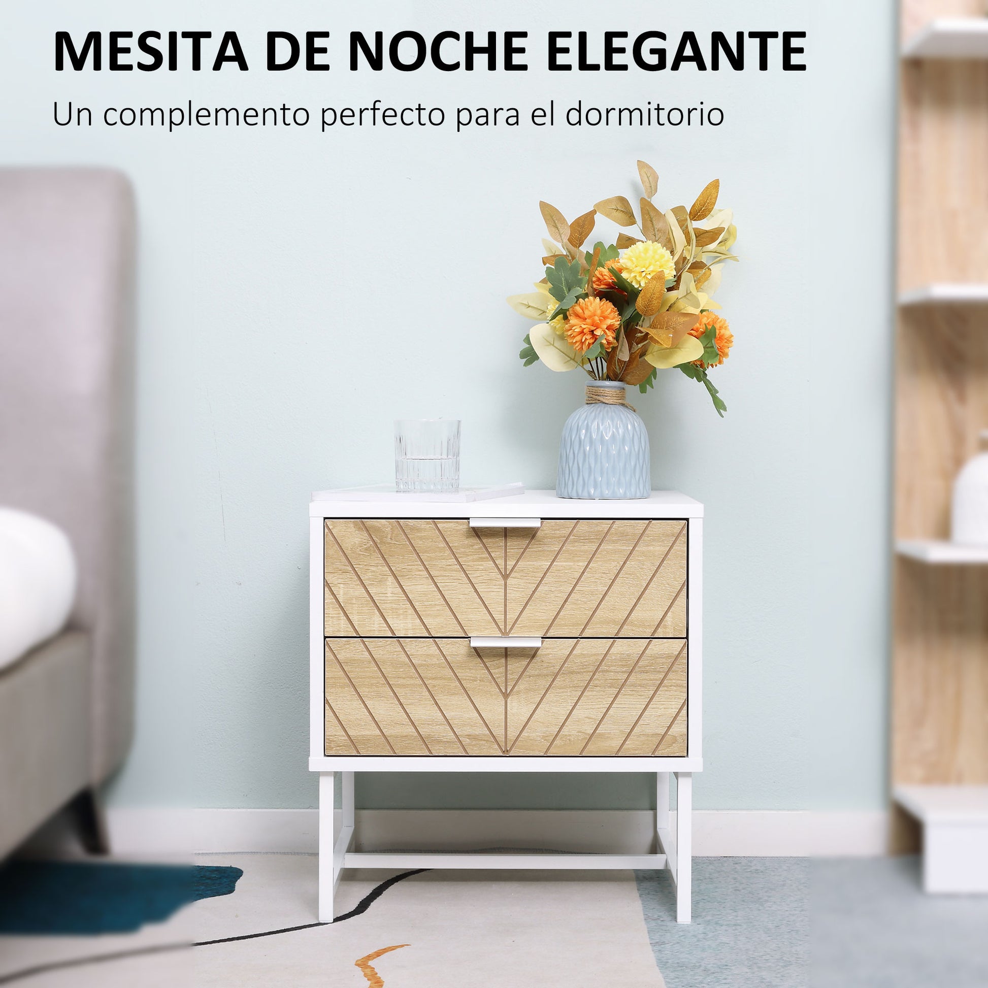 Nightstand Bedside Table with 2 Drawers and Steel Legs Modern Style Side Table for Living Room Bedroom 45x39x48 cm White and Oak
