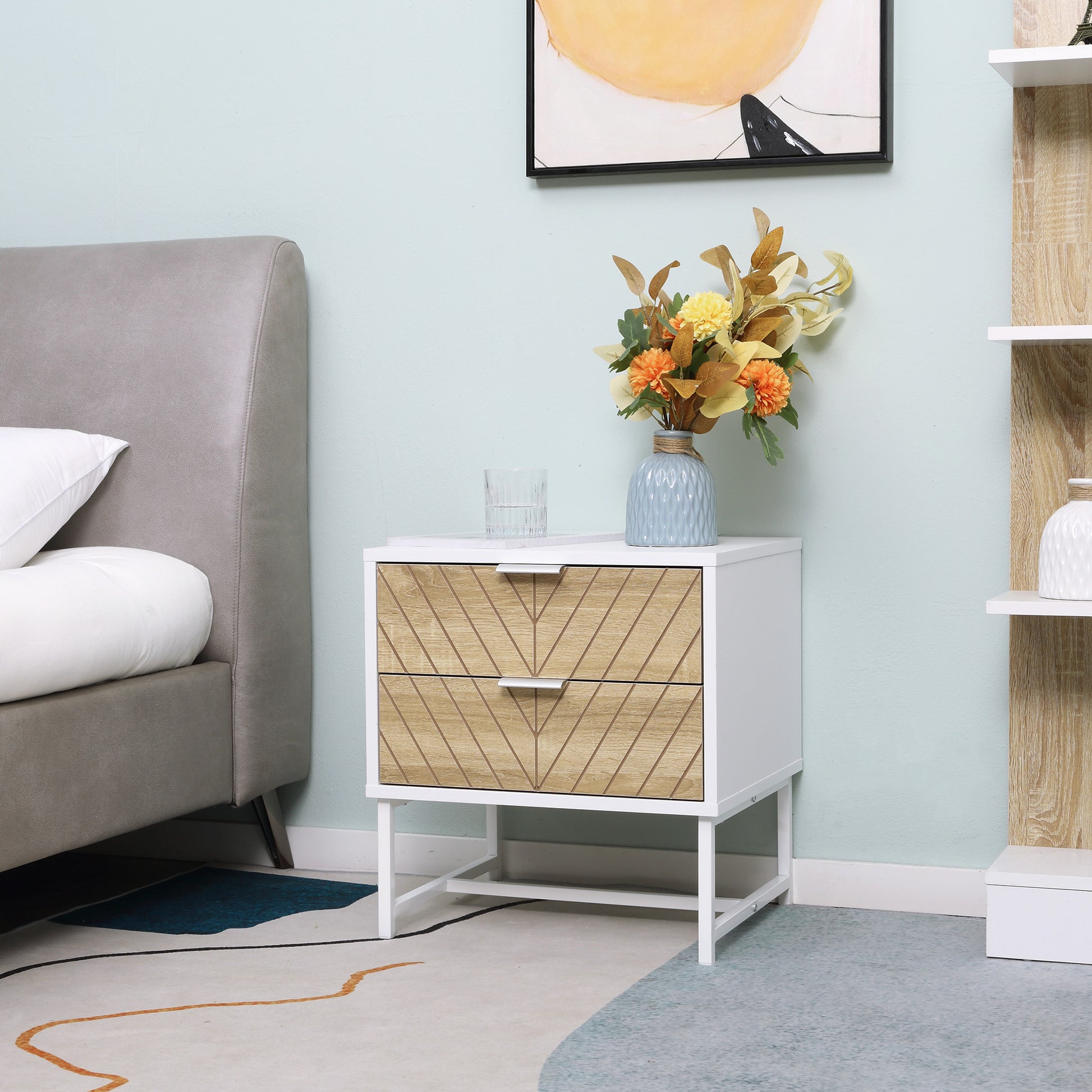 Nightstand Bedside Table with 2 Drawers and Steel Legs Modern Style Side Table for Living Room Bedroom 45x39x48 cm White and Oak