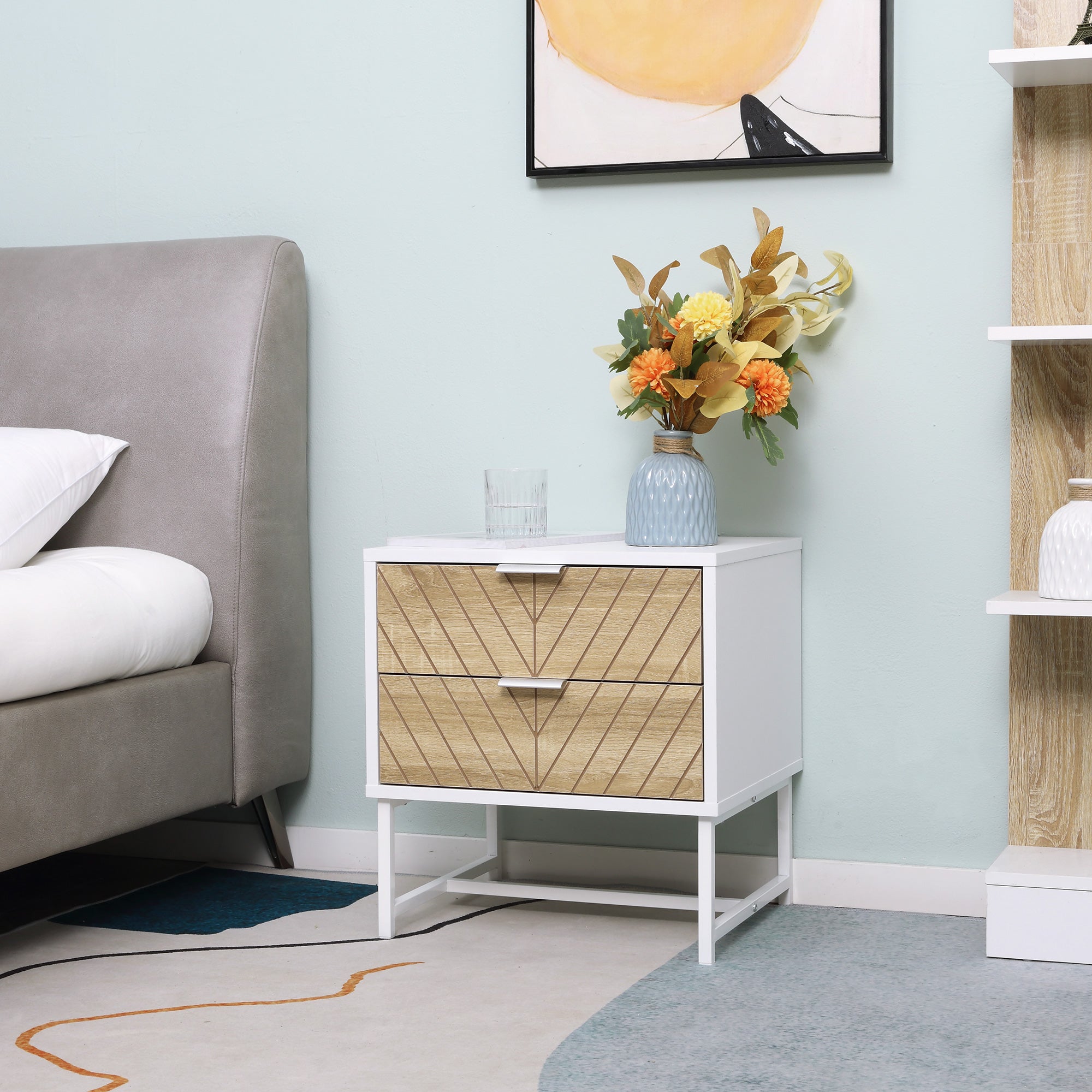 Nightstand Bedside Table with 2 Drawers and Steel Legs Modern Style Side Table for Living Room Bedroom 45x39x48 cm White and Oak