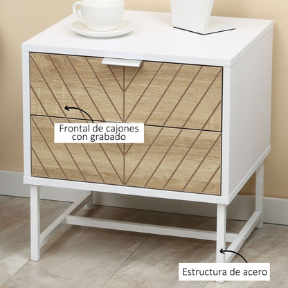 Nightstand Bedside Table with 2 Drawers and Steel Legs Modern Style Side Table for Living Room Bedroom 45x39x48 cm White and Oak