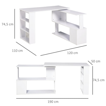 Rotating Corner Desk L-Shaped Desk with Shelf Desk with Shelves for Office Study 120x110x74.5 cm White