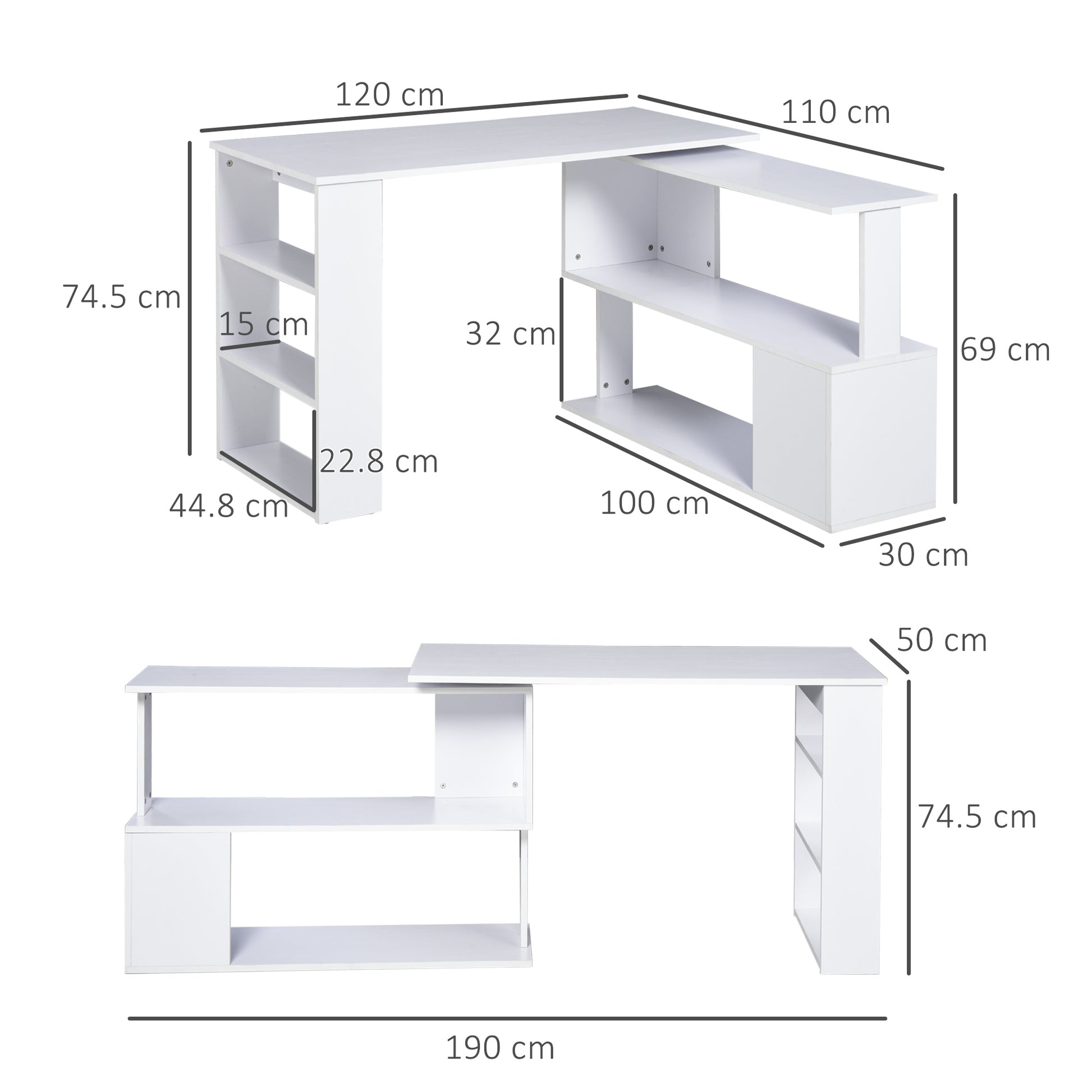Rotating Corner Desk L-Shaped Desk with Shelf Desk with Shelves for Office Study 120x110x74.5 cm White
