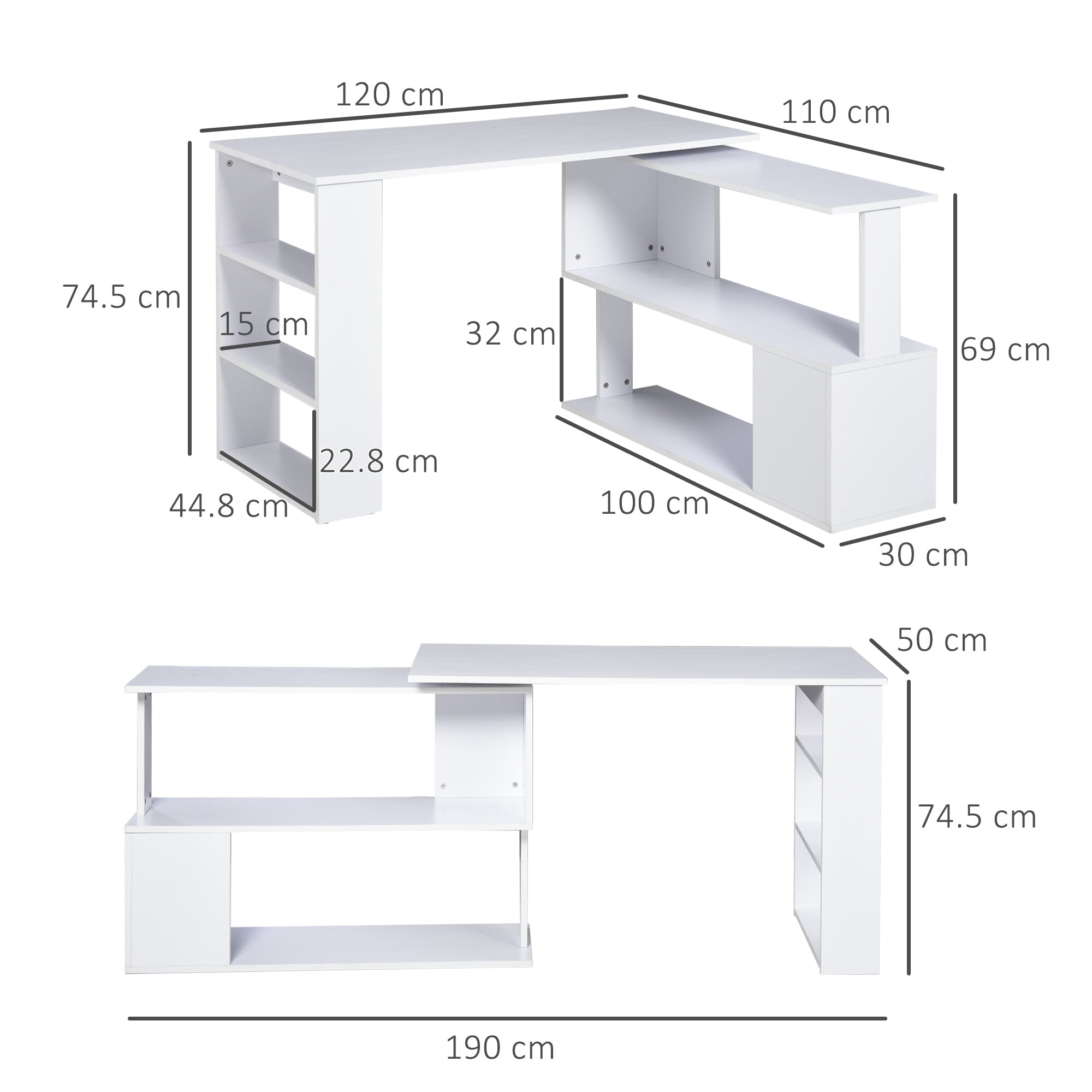 Rotating Corner Desk L-Shaped Desk with Shelf Desk with Shelves for Office Study 120x110x74.5 cm White