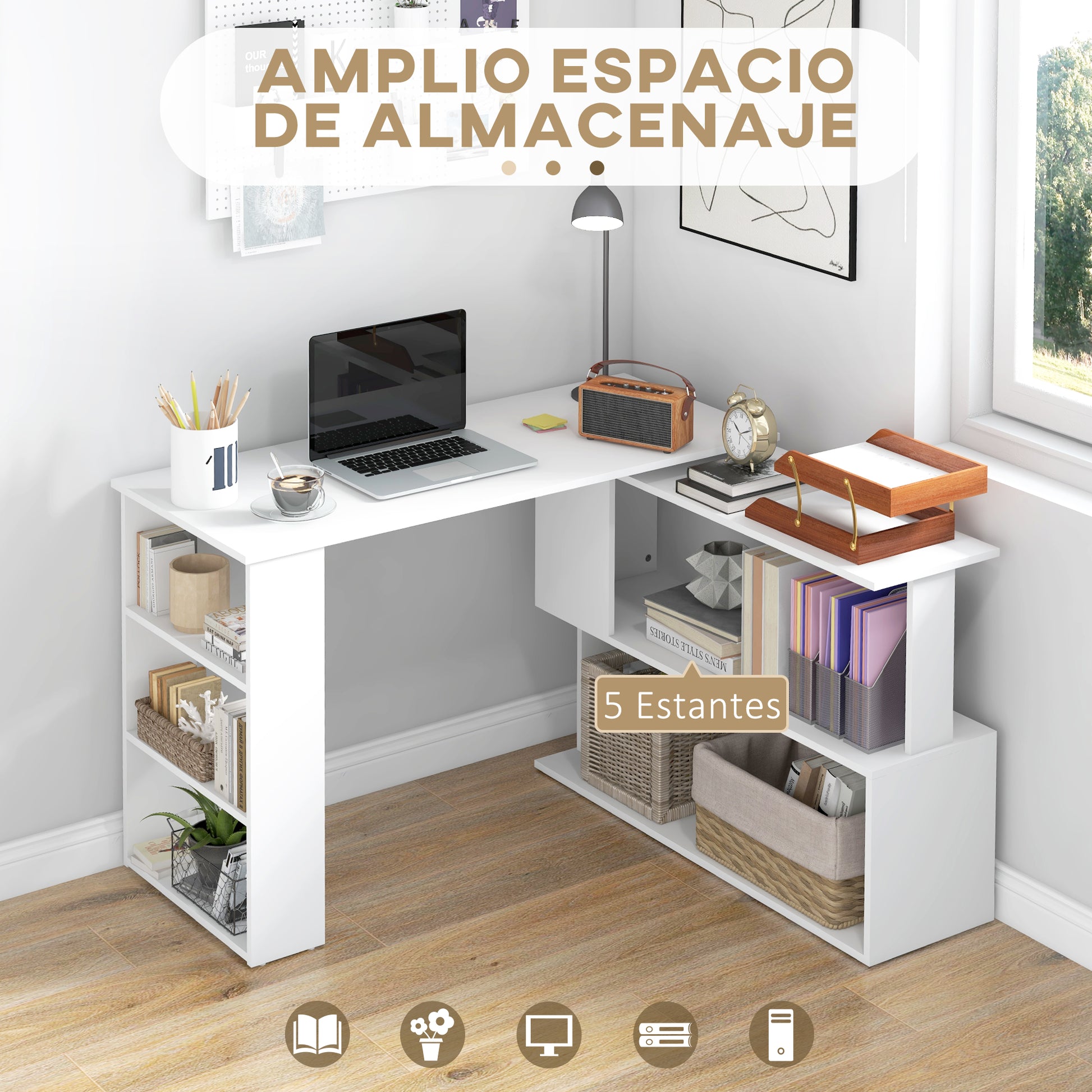 Rotating Corner Desk L-Shaped Desk with Shelf Desk with Shelves for Office Study 120x110x74.5 cm White
