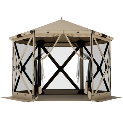 3.0 m x 2.6 m Hexagonal Pavilion with Floor Mat, Mesh Side Panels & Carry Bag — Waterproof, UV-Resistant Party Tent for Garden & Patio, Khaki