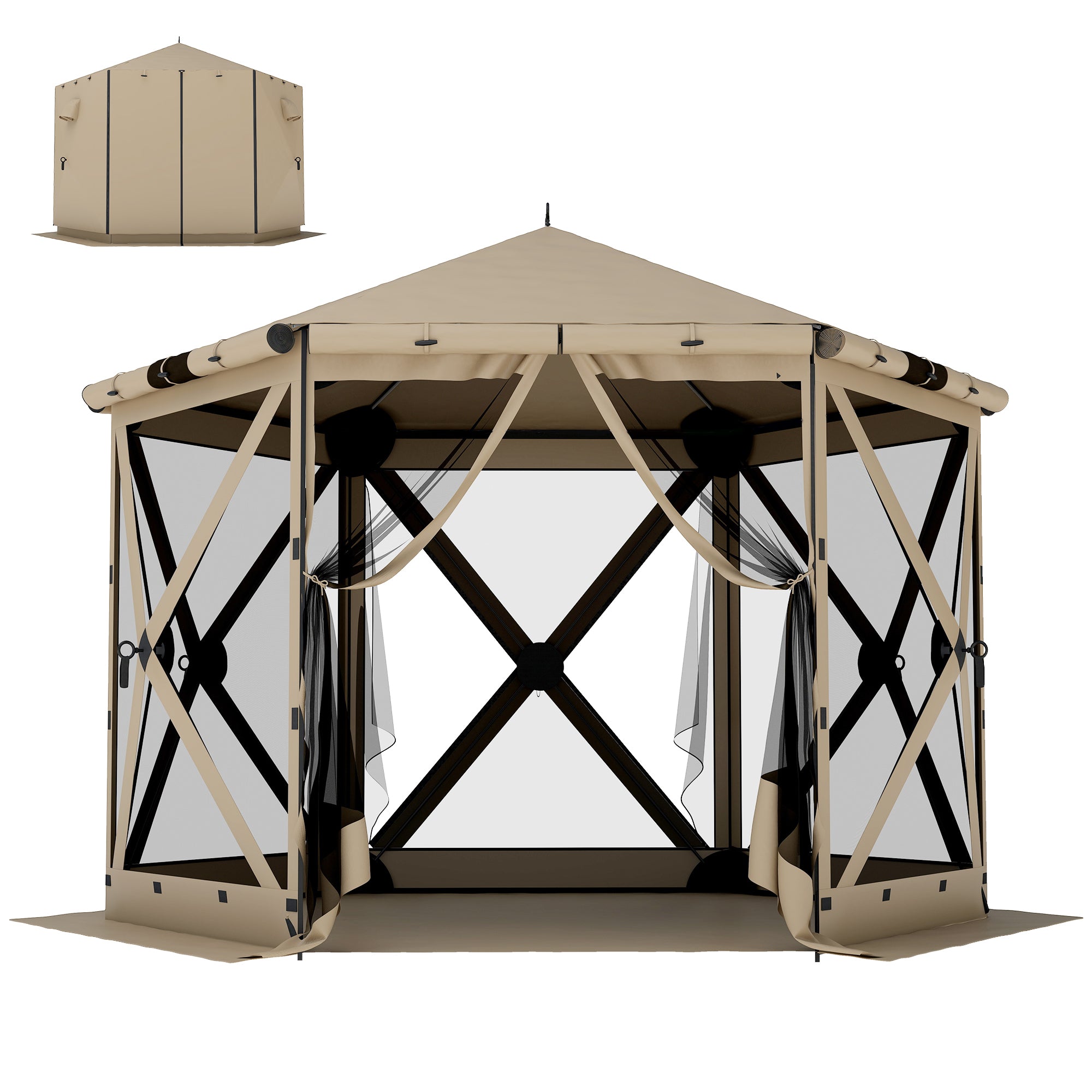 3.0 m x 2.6 m Hexagonal Pavilion with Floor Mat, Mesh Side Panels & Carry Bag — Waterproof, UV-Resistant Party Tent for Garden & Patio, Khaki