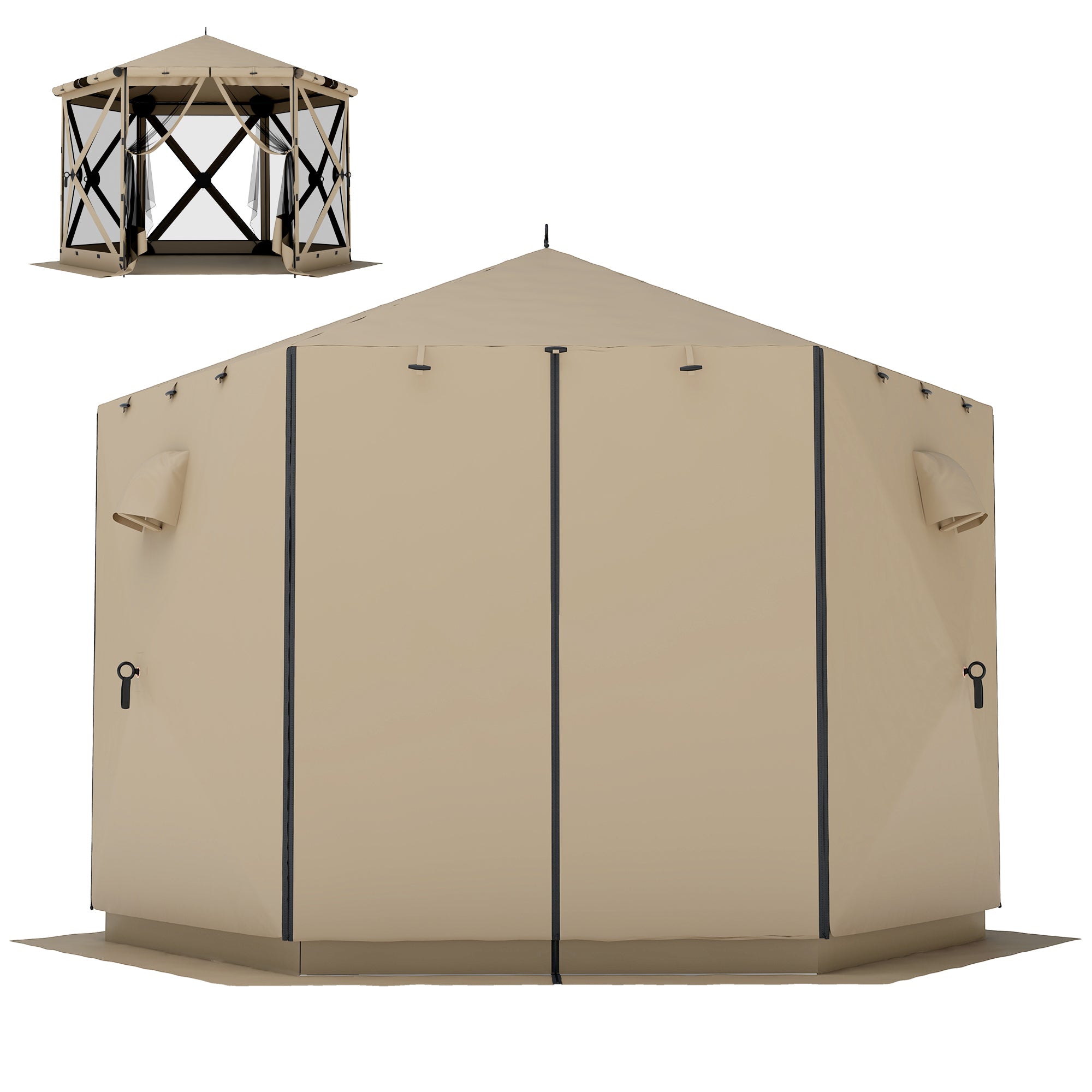 3.0 m x 2.6 m Hexagonal Pavilion with Floor Mat, Mesh Side Panels & Carry Bag — Waterproof, UV-Resistant Party Tent for Garden & Patio, Khaki