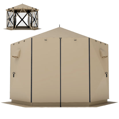 3.0 m x 2.6 m Hexagonal Pavilion with Floor Mat, Mesh Side Panels & Carry Bag — Waterproof, UV-Resistant Party Tent for Garden & Patio, Khaki