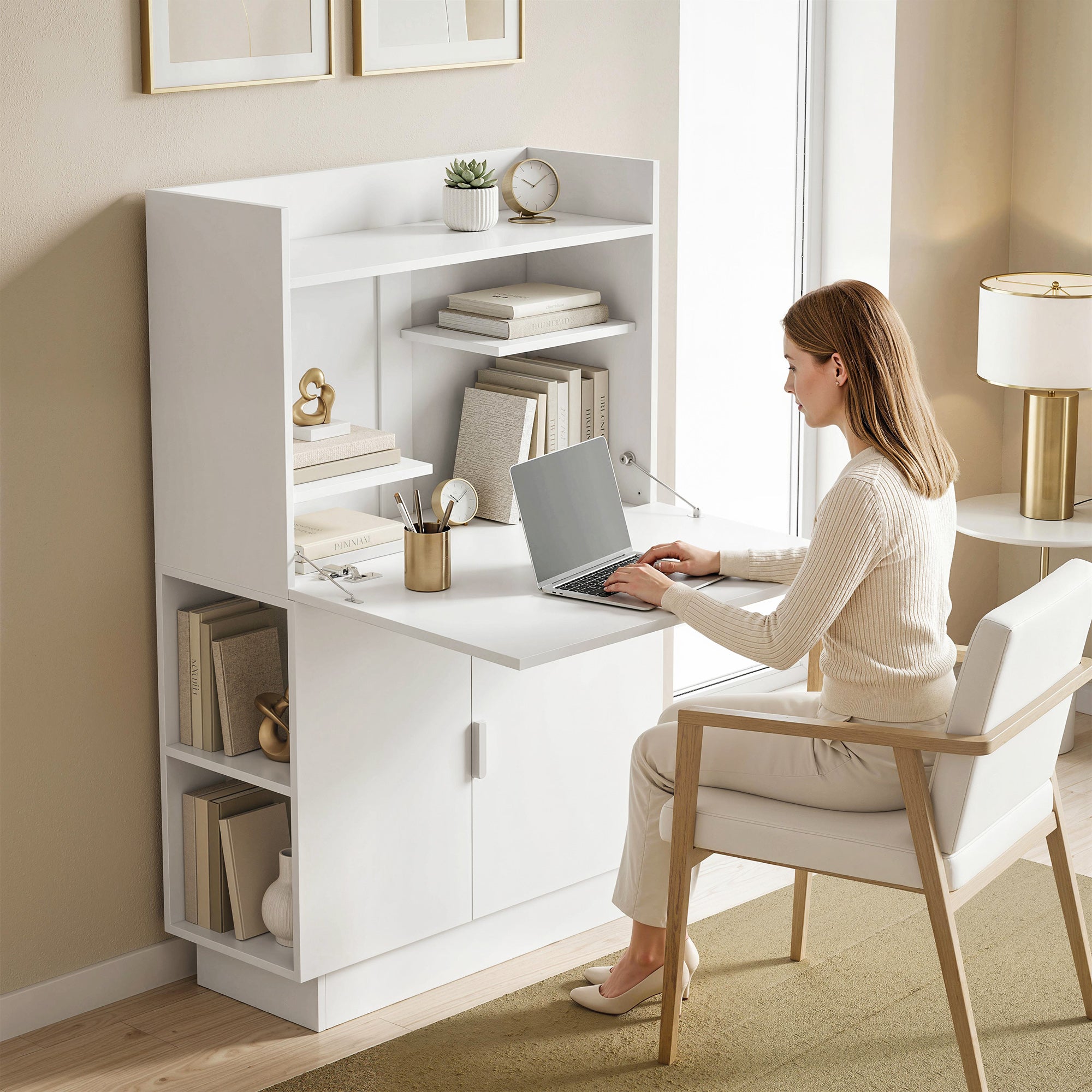 Folding Desk with Shelves & Cabinet, 31.5 x 11.8 x 50.4 in, Modern Home Office Table, White