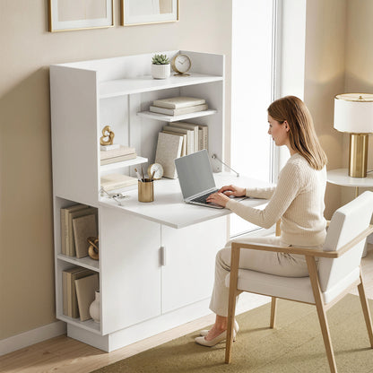 Folding Desk with Shelves & Cabinet, 31.5 x 11.8 x 50.4 in, Modern Home Office Table, White
