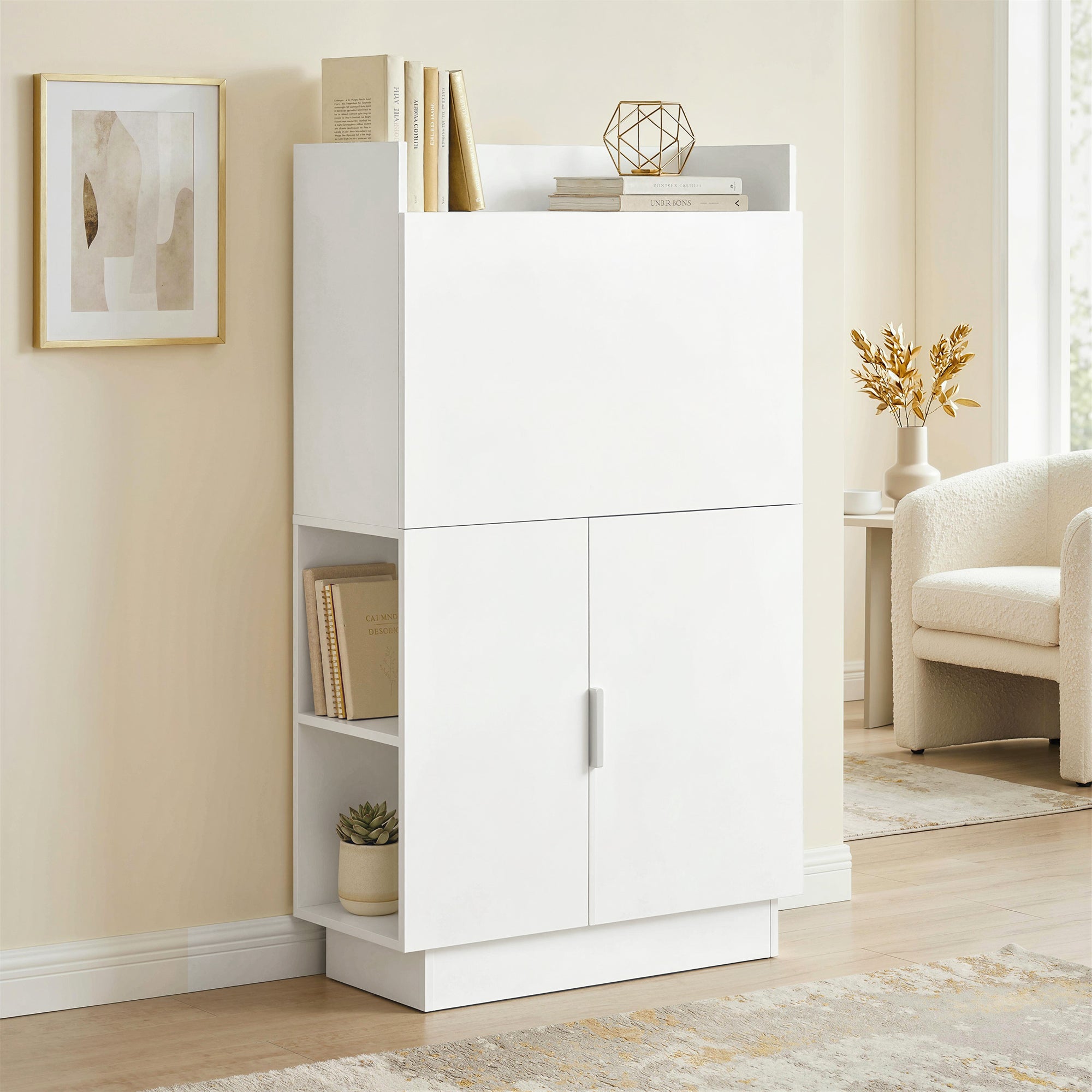 Folding Desk with Shelves & Cabinet, 31.5 x 11.8 x 50.4 in, Modern Home Office Table, White
