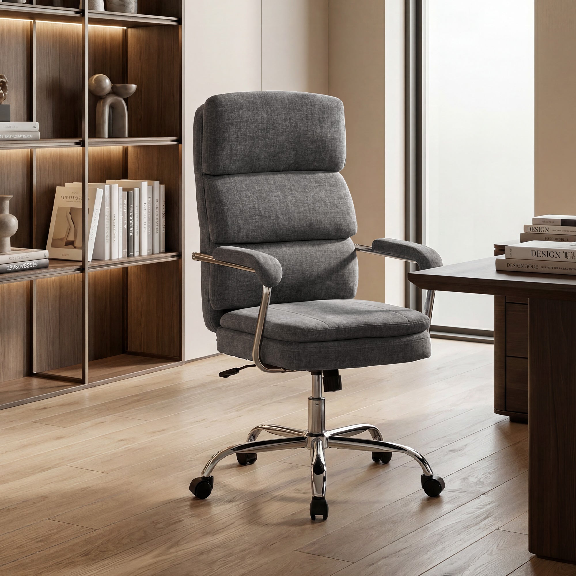 Ergonomic Chenille Office Chair with Padded Armrests, Adjustable Height & Tilt, 360° Swivel, Gray