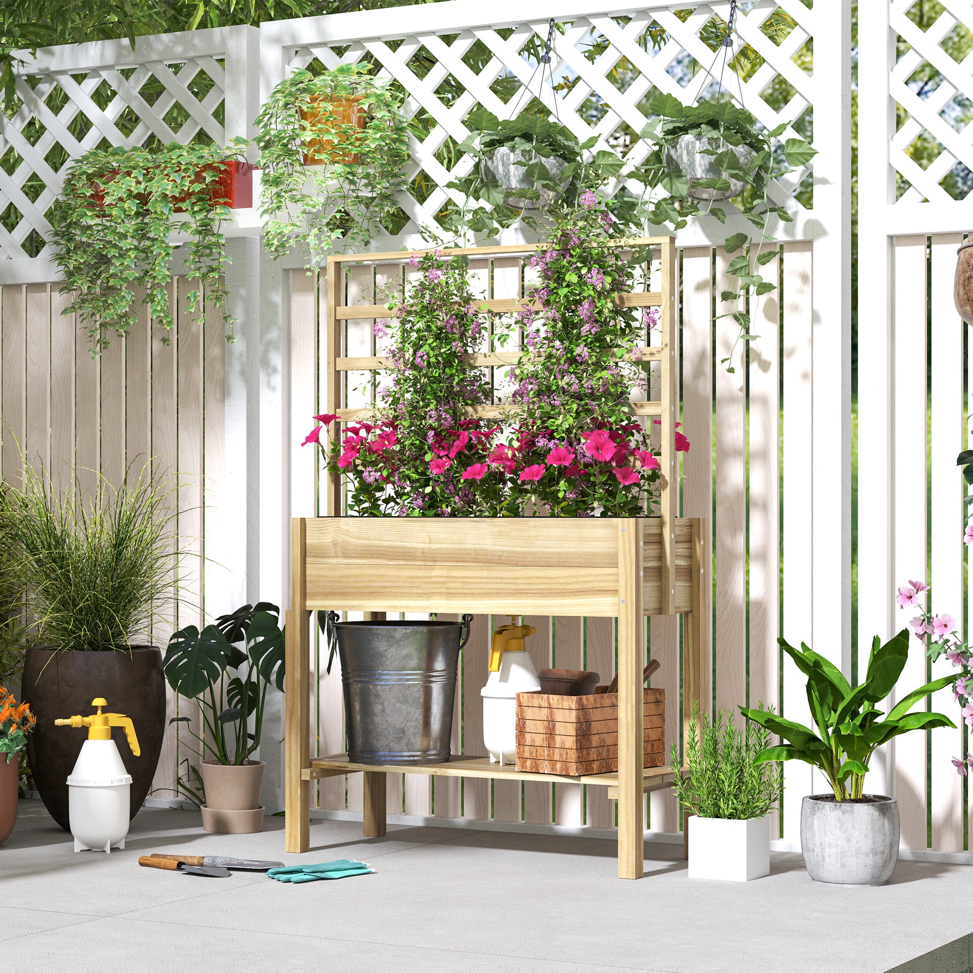 Raised Garden Bed on Legs, Garden Raised Planter with Trellis, Drainage Holes, and Lower Shelf, Raised Wooden Garden Bed for Flowers, 88 x 37 x 137 cm, Natural Wood
