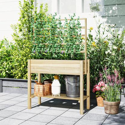 Raised Garden Bed on Legs, Garden Raised Planter with Trellis, Drainage Holes, and Lower Shelf, Raised Wooden Garden Bed for Flowers, 88 x 37 x 137 cm, Natural Wood