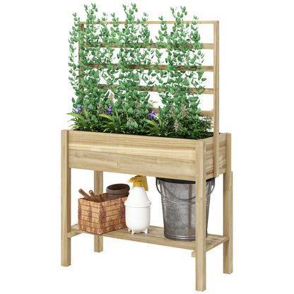 Raised Garden Bed on Legs, Garden Raised Planter with Trellis, Drainage Holes, and Lower Shelf, Raised Wooden Garden Bed for Flowers, 88 x 37 x 137 cm, Natural Wood