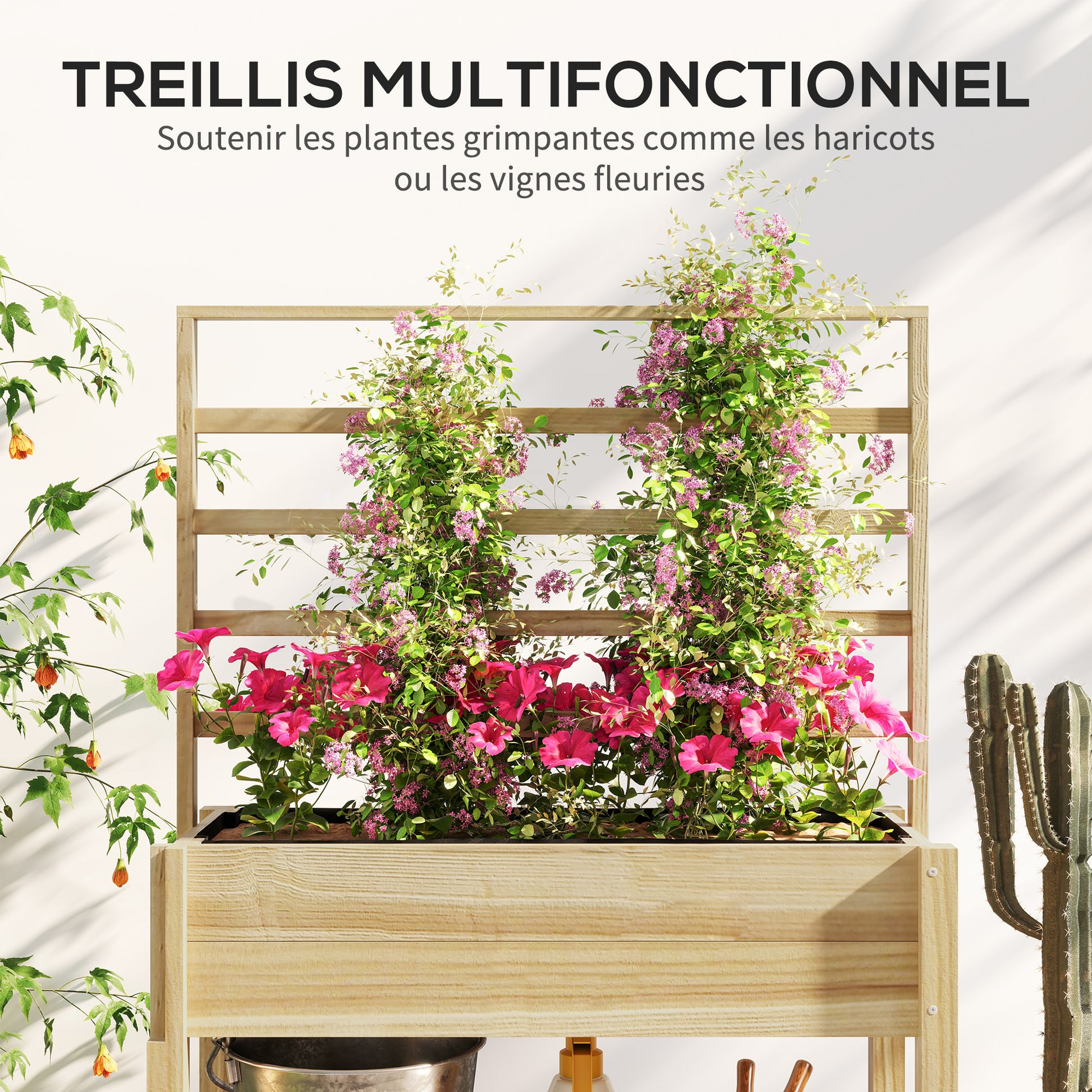Raised Garden Bed on Legs, Garden Raised Planter with Trellis, Drainage Holes, and Lower Shelf, Raised Wooden Garden Bed for Flowers, 88 x 37 x 137 cm, Natural Wood