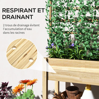 Raised Garden Bed on Legs, Garden Raised Planter with Trellis, Drainage Holes, and Lower Shelf, Raised Wooden Garden Bed for Flowers, 88 x 37 x 137 cm, Natural Wood