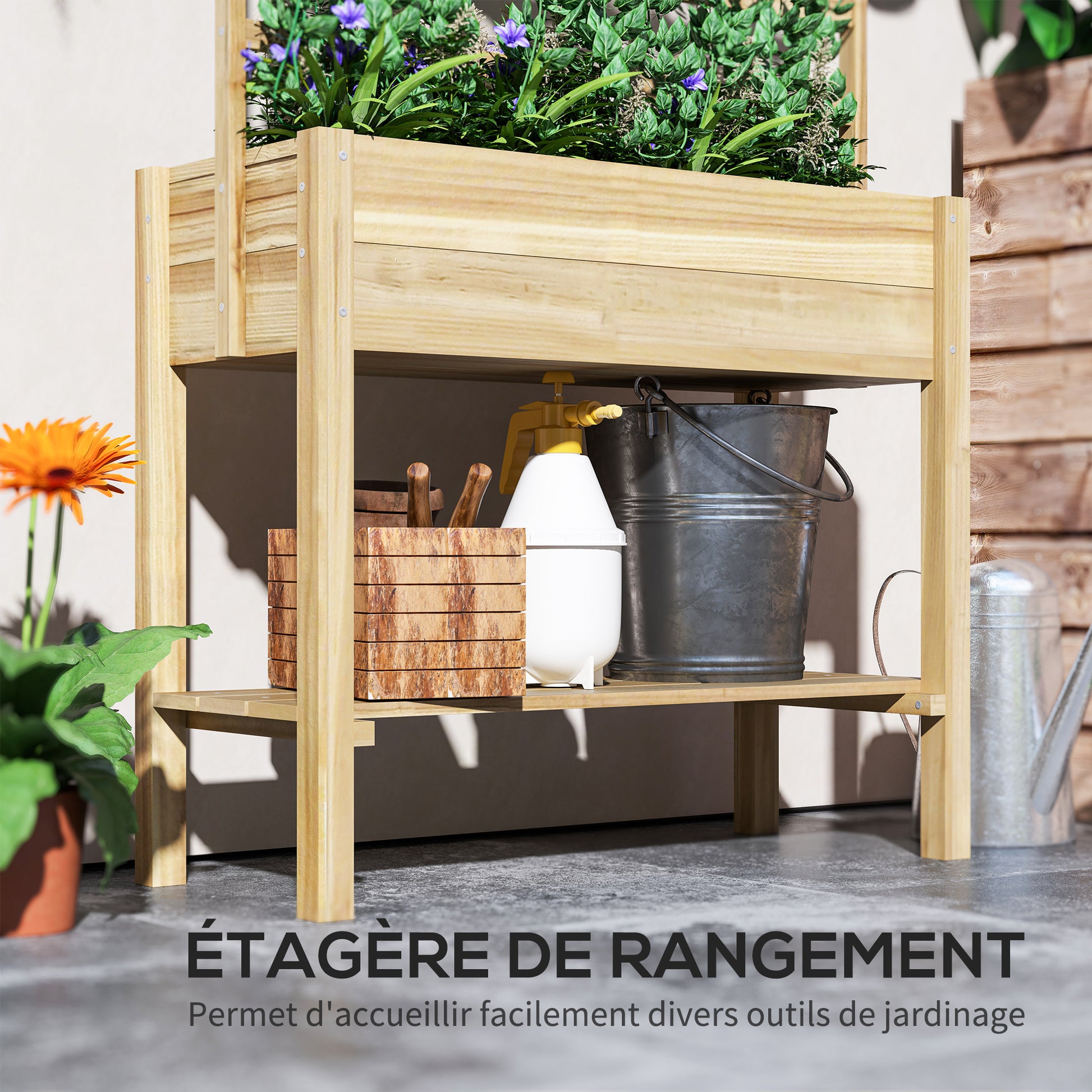 Raised Garden Bed on Legs, Garden Raised Planter with Trellis, Drainage Holes, and Lower Shelf, Raised Wooden Garden Bed for Flowers, 88 x 37 x 137 cm, Natural Wood