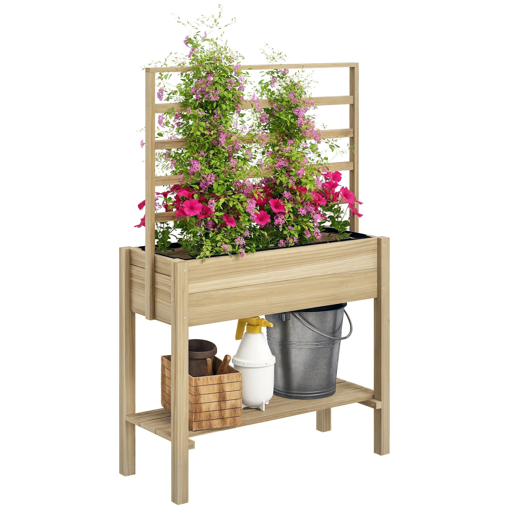 Raised Garden Bed on Legs, Garden Raised Planter with Trellis, Drainage Holes, and Lower Shelf, Raised Wooden Garden Bed for Flowers, 88 x 37 x 137 cm, Natural Wood