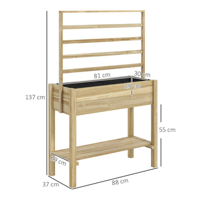 Raised Garden Bed on Legs, Garden Raised Planter with Trellis, Drainage Holes, and Lower Shelf, Raised Wooden Garden Bed for Flowers, 88 x 37 x 137 cm, Natural Wood