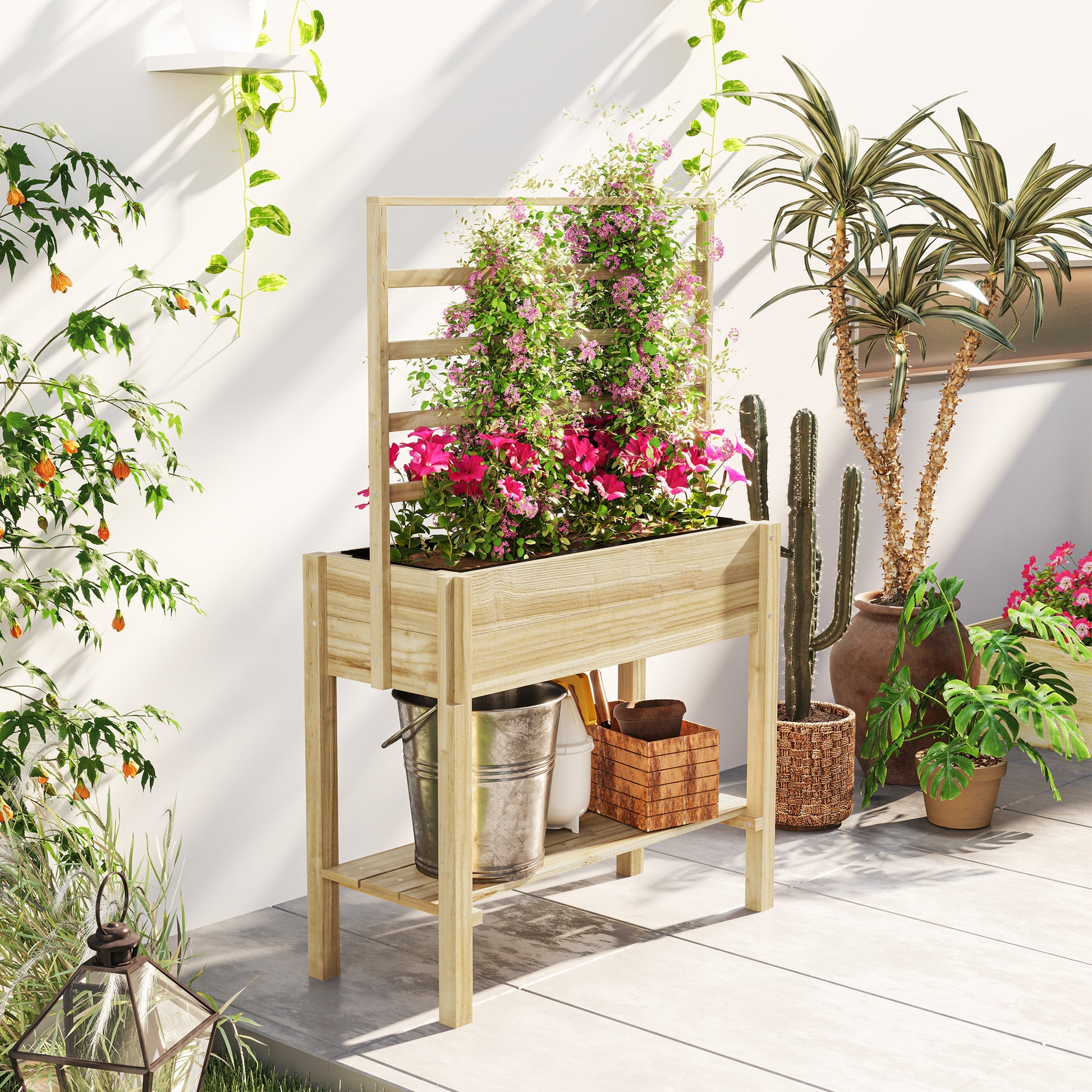 Raised Garden Bed on Legs, Garden Raised Planter with Trellis, Drainage Holes, and Lower Shelf, Raised Wooden Garden Bed for Flowers, 88 x 37 x 137 cm, Natural Wood