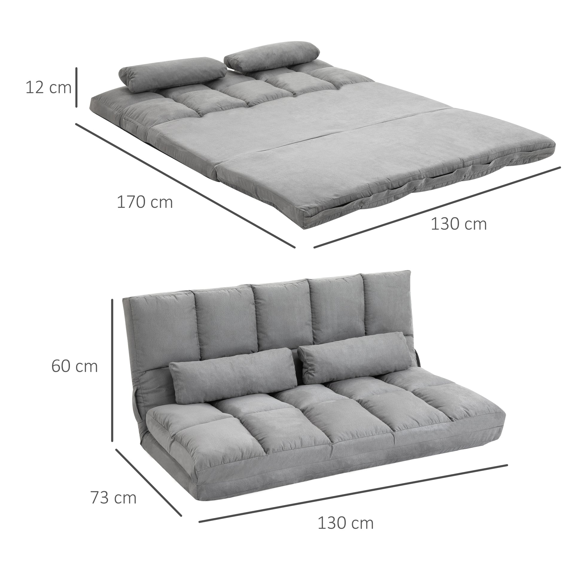 Folding Floor Sofa Bed with 7 Reclining Levels and Cushions, Modern Sofa for TV, Games, Reading, Yoga, Office, 130x73x60 cm, Light Gray