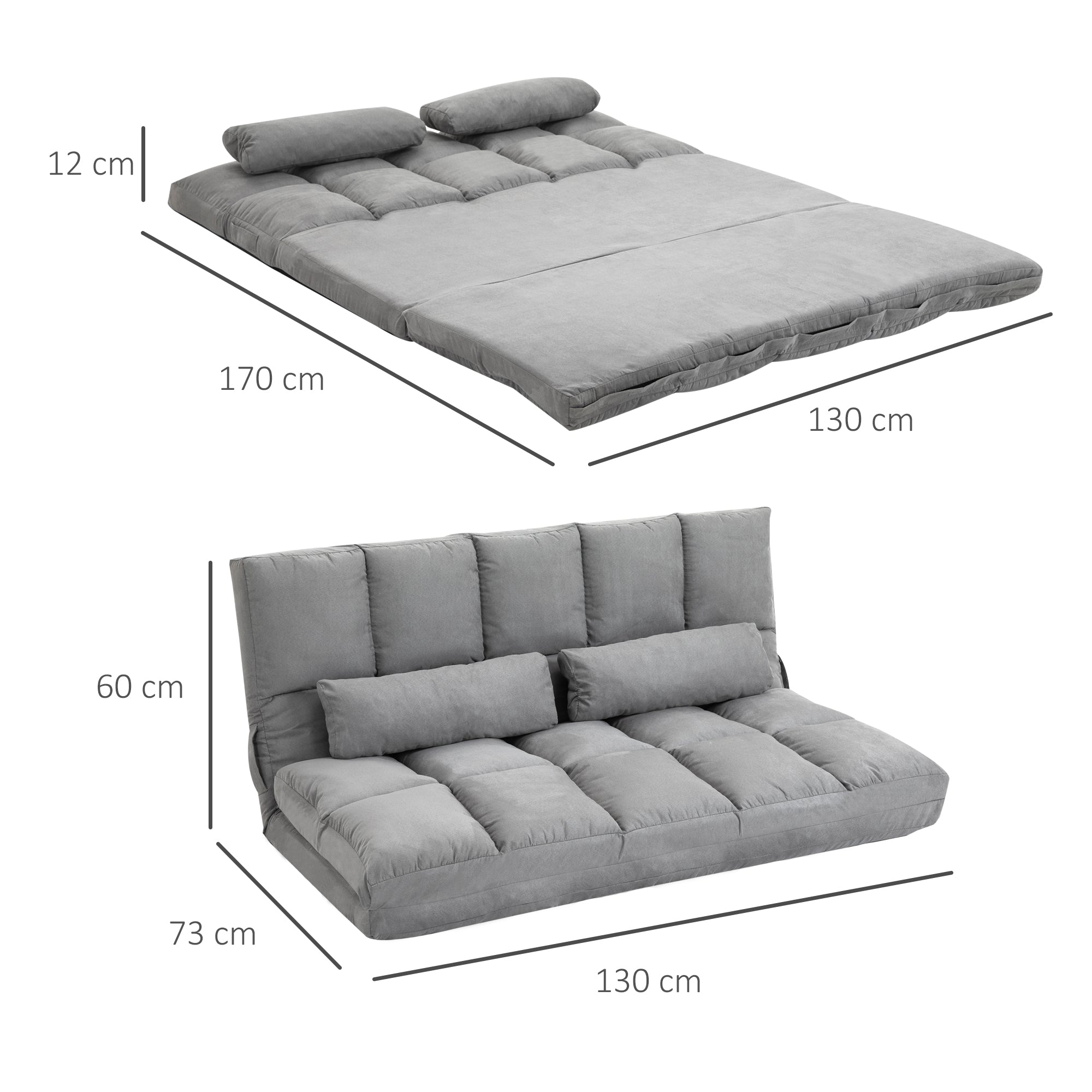 Folding Floor Sofa Bed with 7 Reclining Levels and Cushions, Modern Sofa for TV, Games, Reading, Yoga, Office, 130x73x60 cm, Light Gray