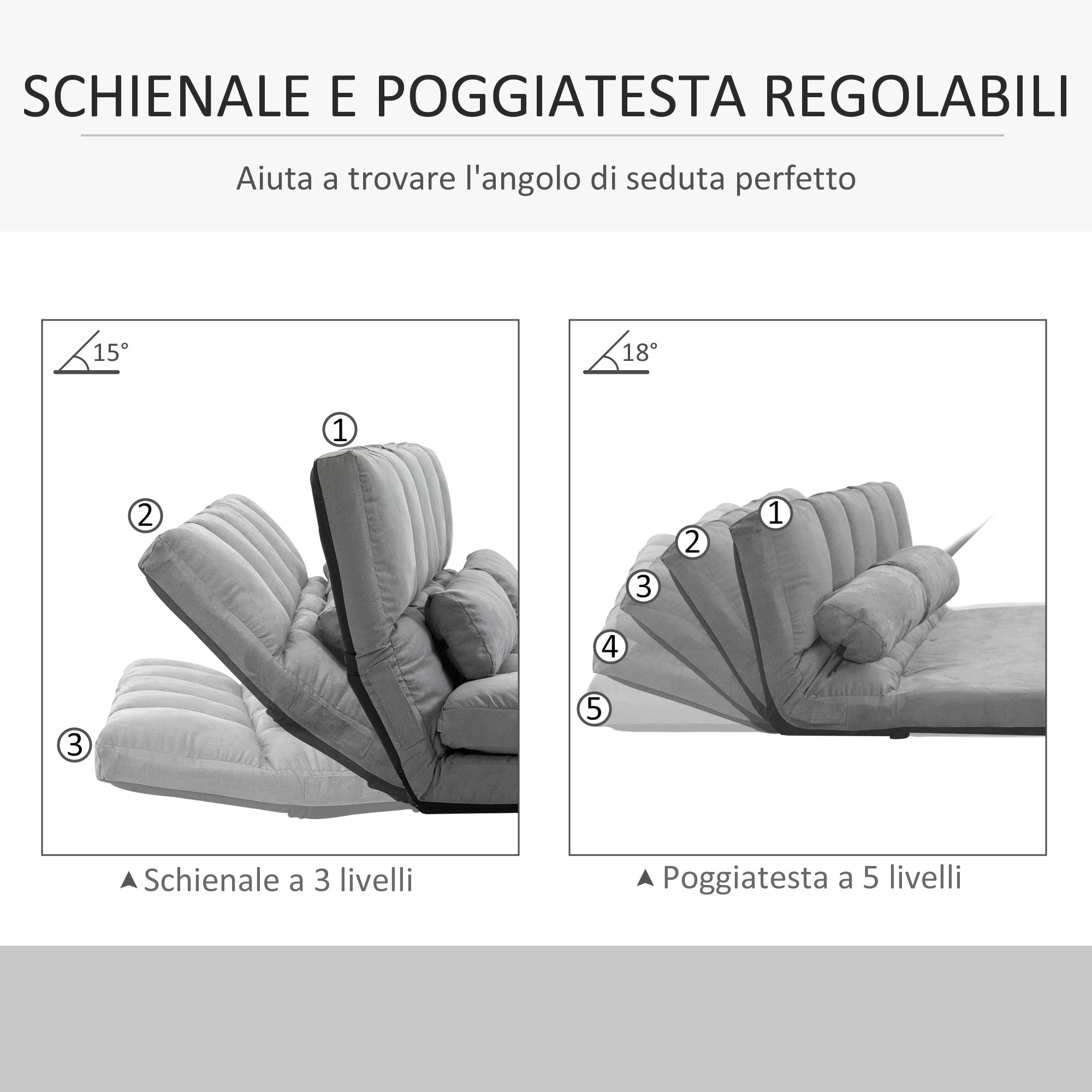 Folding Floor Sofa Bed with 7 Reclining Levels and Cushions, Modern Sofa for TV, Games, Reading, Yoga, Office, 130x73x60 cm, Light Gray