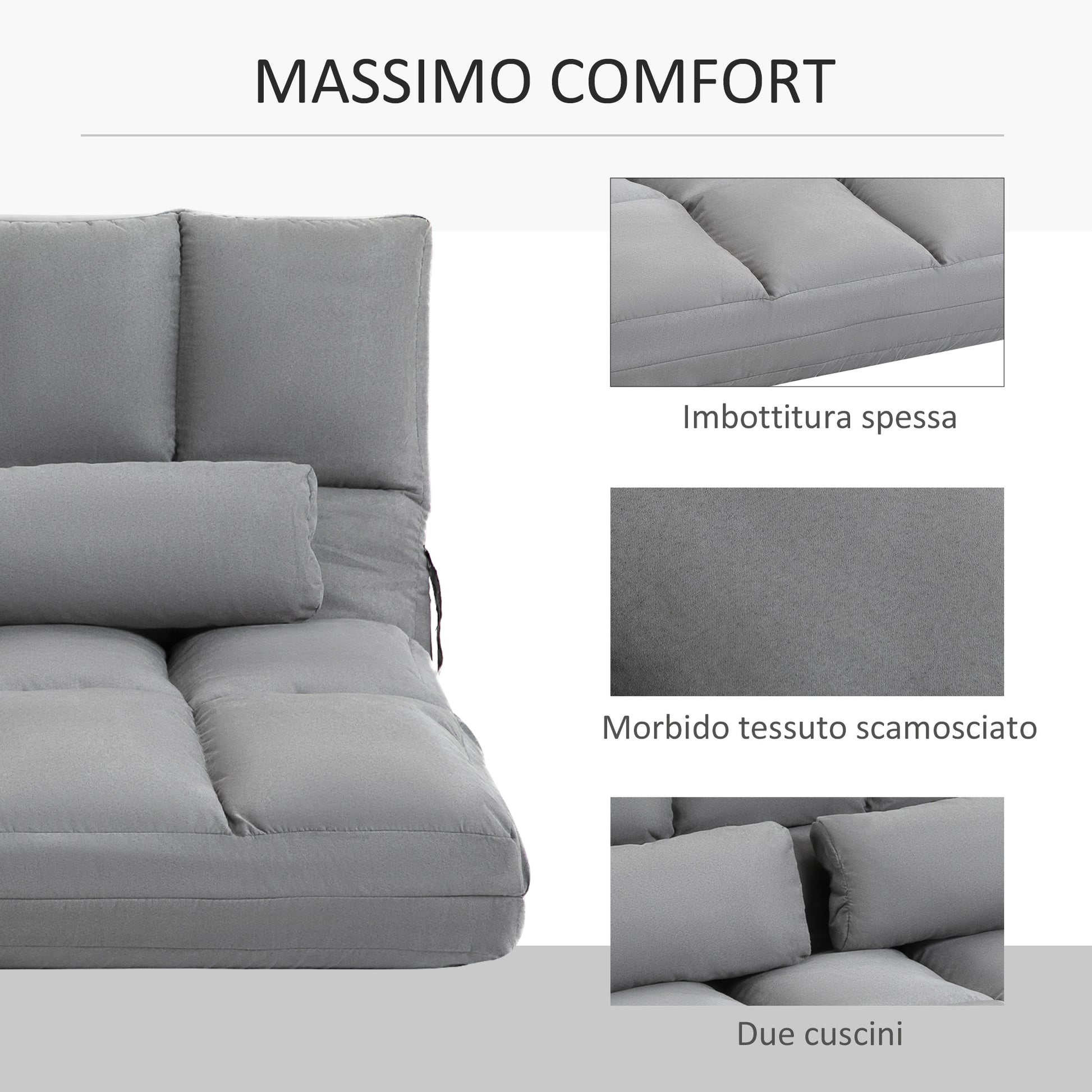 Folding Floor Sofa Bed with 7 Reclining Levels and Cushions, Modern Sofa for TV, Games, Reading, Yoga, Office, 130x73x60 cm, Light Gray