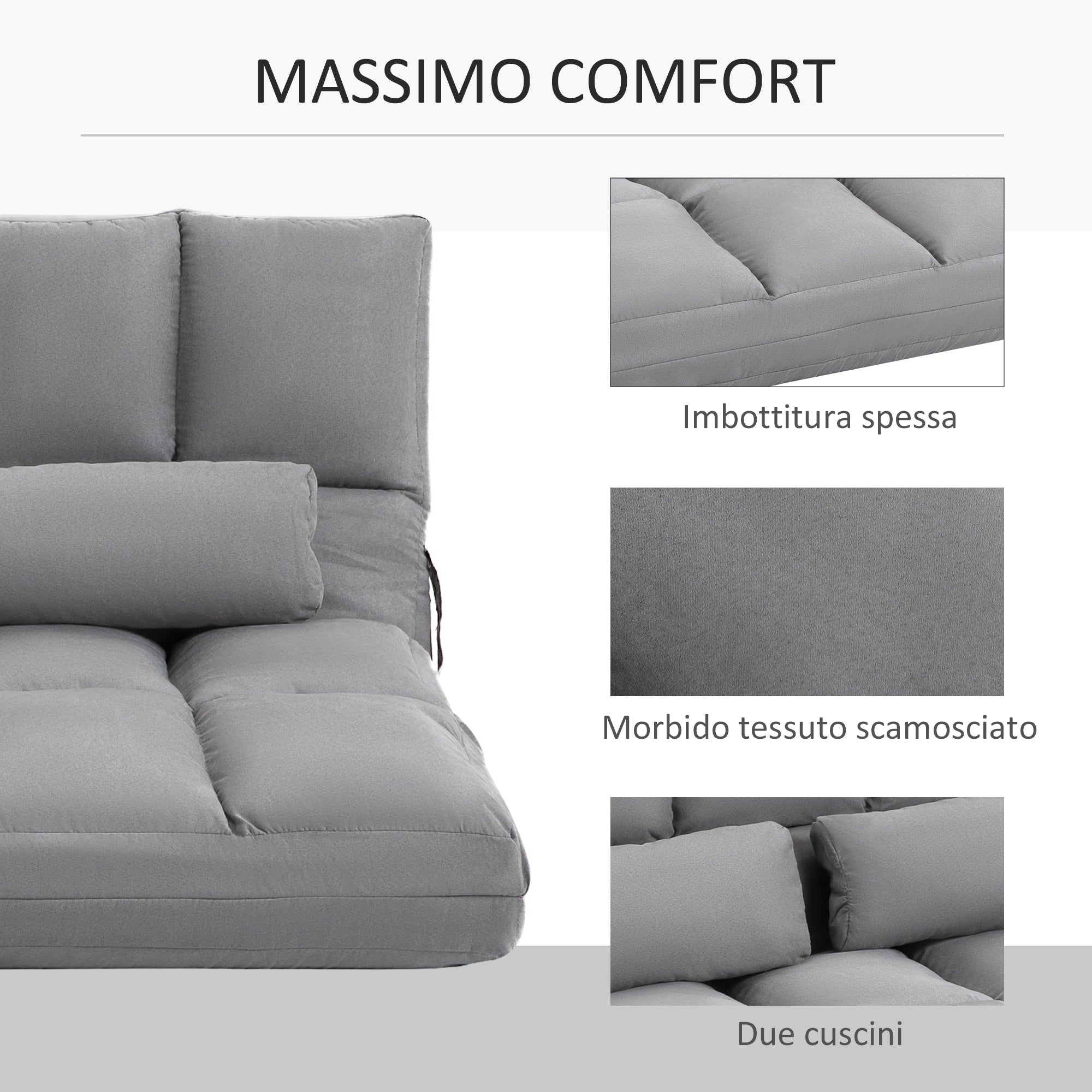 Folding Floor Sofa Bed with 7 Reclining Levels and Cushions, Modern Sofa for TV, Games, Reading, Yoga, Office, 130x73x60 cm, Light Gray