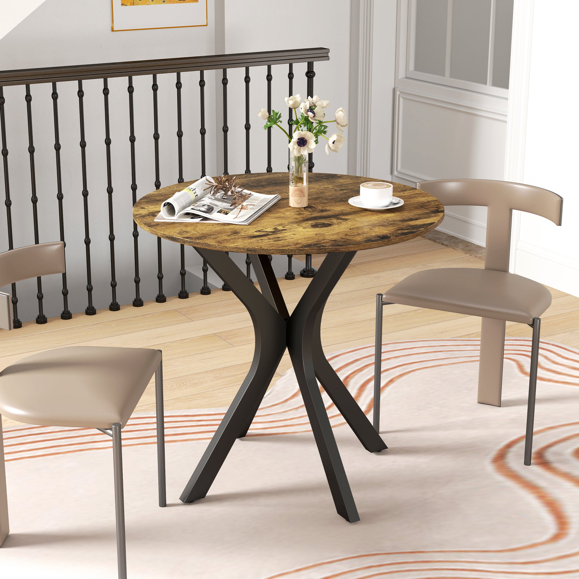 Dining Table 78 x 78 cm Round Kitchen Table for 2 People Dining Table with Spider Steel Frame Coffee Table for Kitchen, Dining Room, and Living Room Rustic Brown