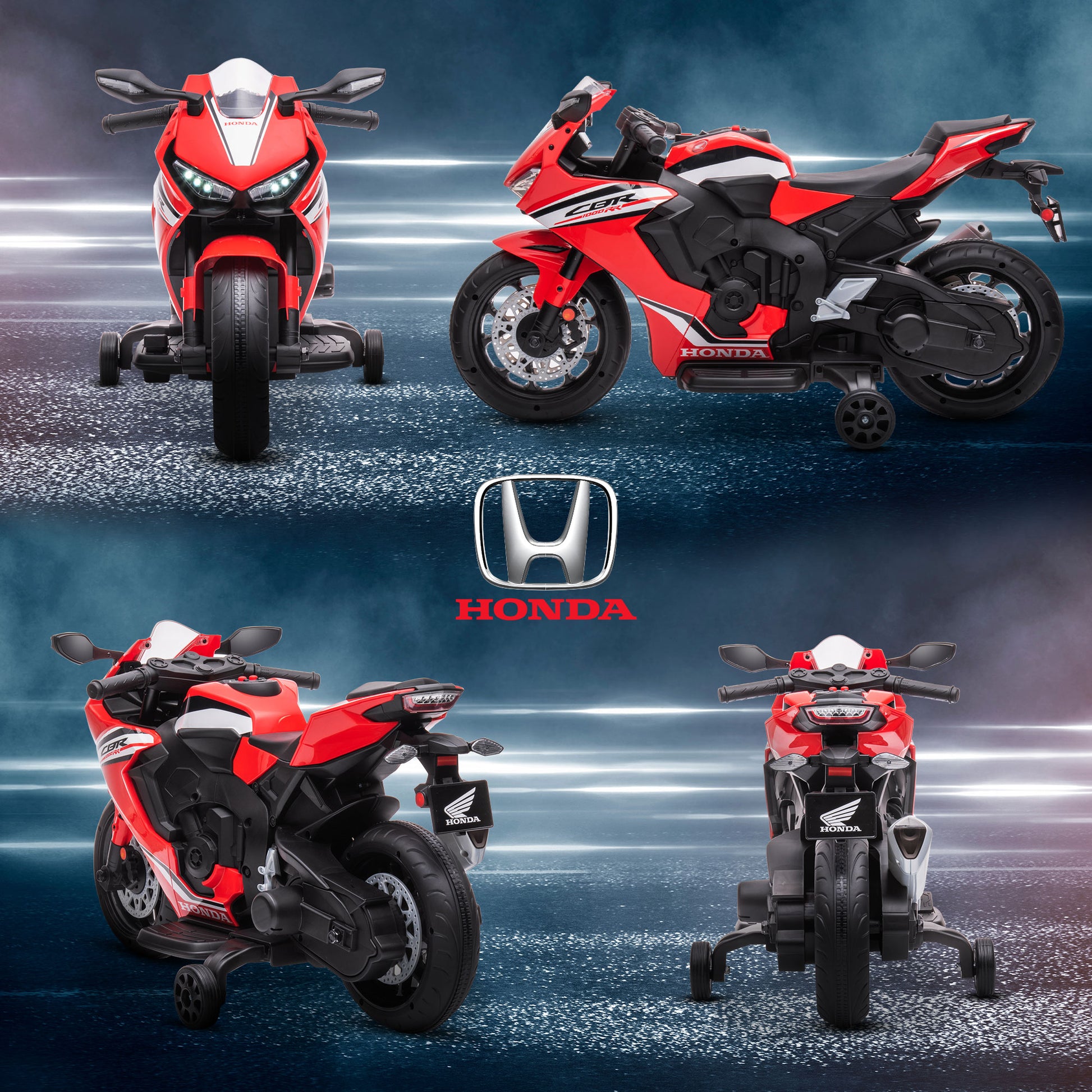 Honda Licensed Electric Motorcycle for Kids 3-5 Years Battery Powered Bike 6V with Headlight Horn Music and Removable Stabilizer Wheels 30 kg 90x44x52 cm Red