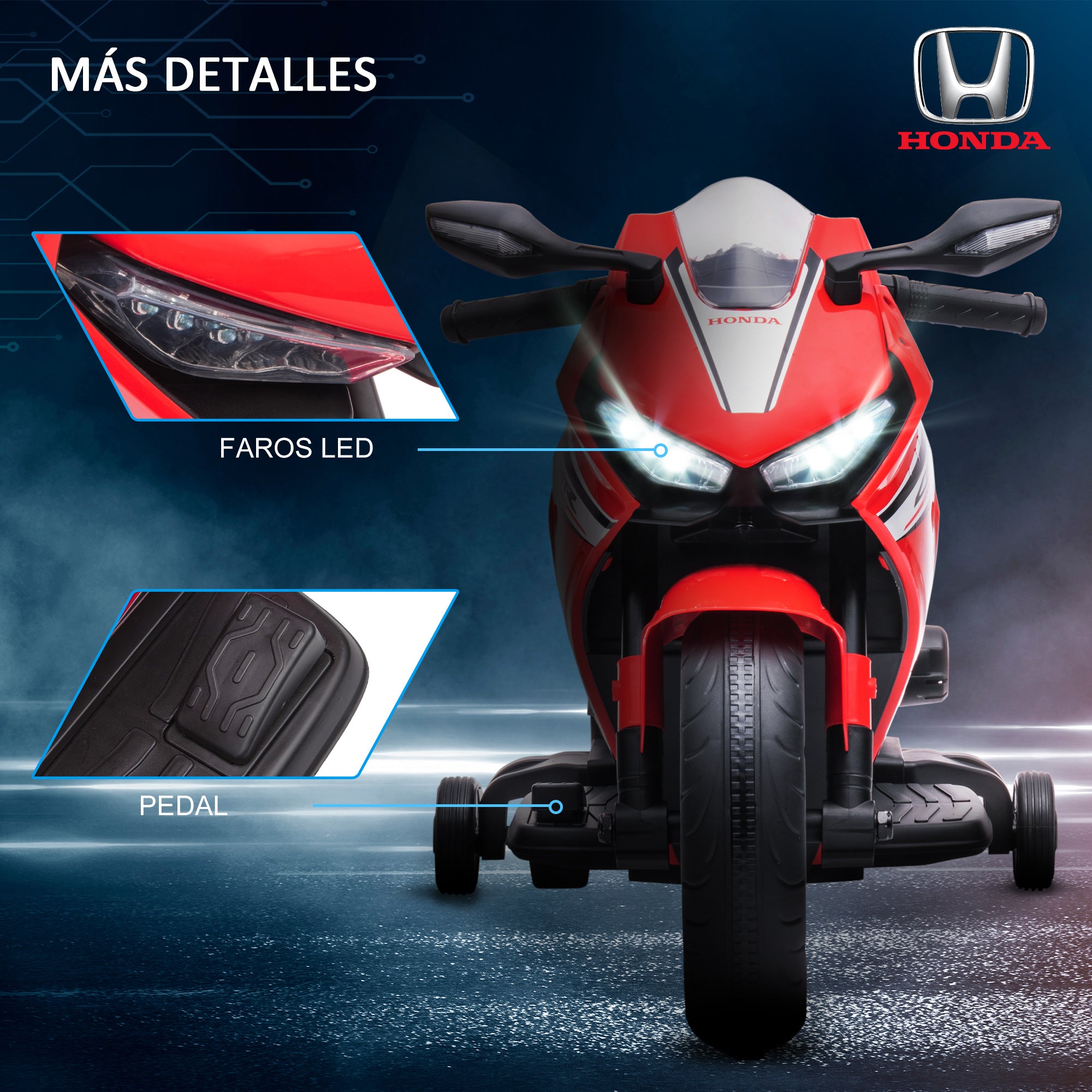 Honda Licensed Electric Motorcycle for Kids 3-5 Years Battery Powered Bike 6V with Headlight Horn Music and Removable Stabilizer Wheels 30 kg 90x44x52 cm Red